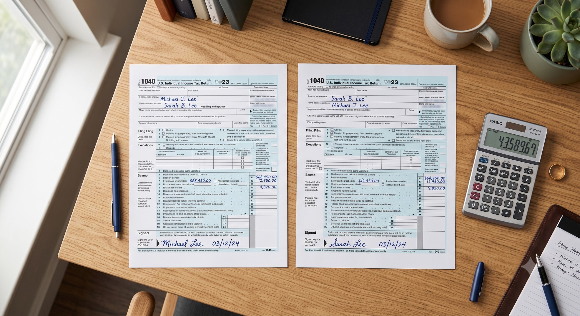 Tax forms and a wedding ring representing the choice between joint and separate filing.