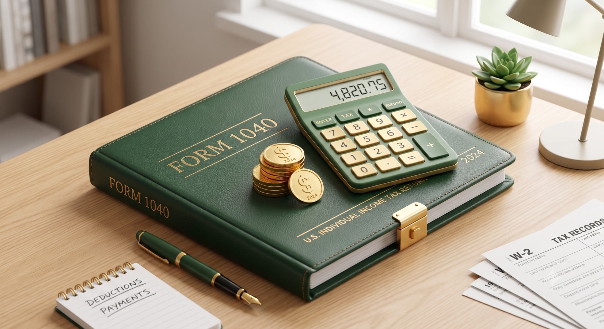 A 3D rendering of a tax folder and calculator representing joint tax filing benefits.