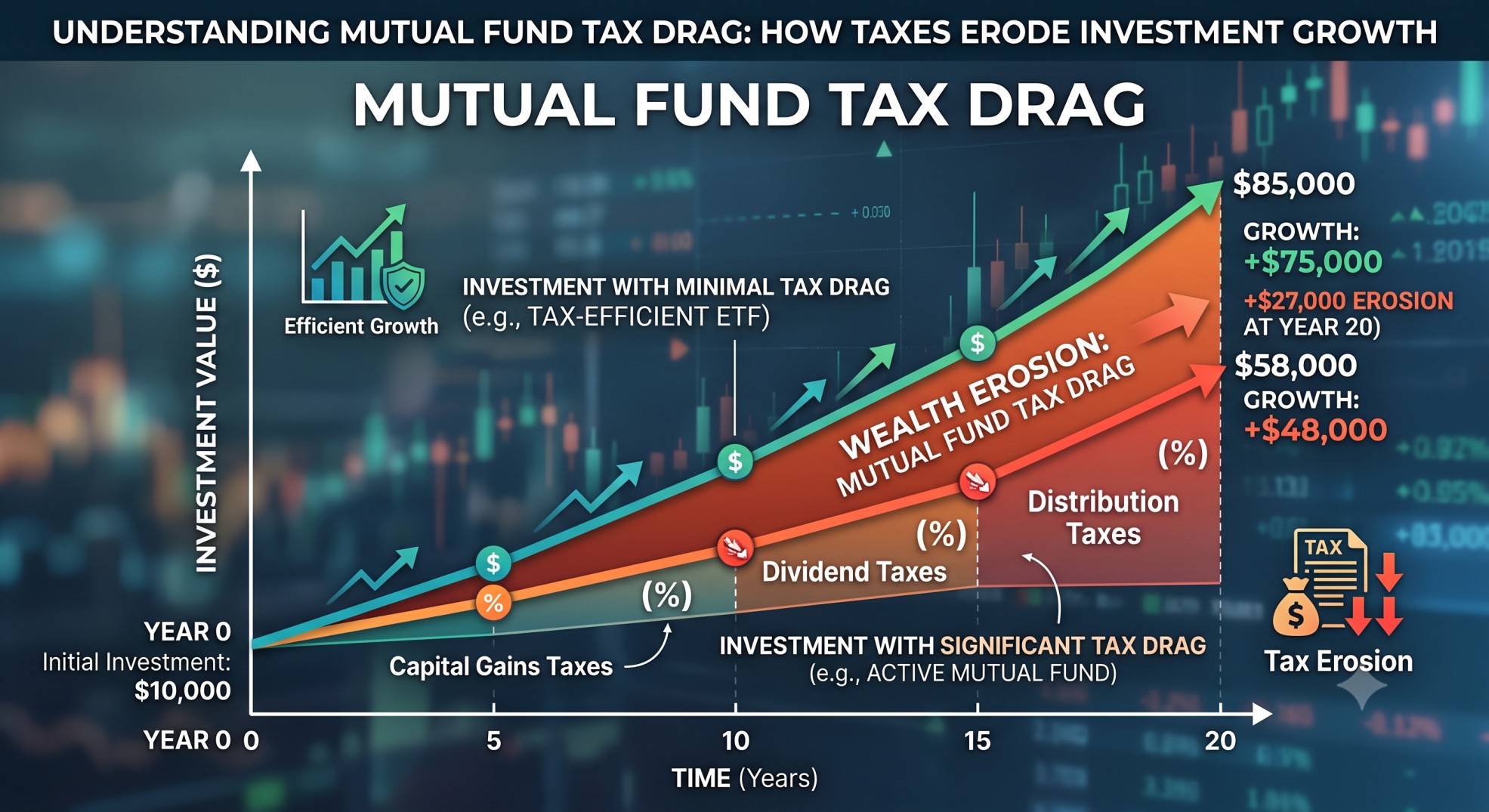 Chart showing how tax drag compounds and reduces investment portfolio growth over time