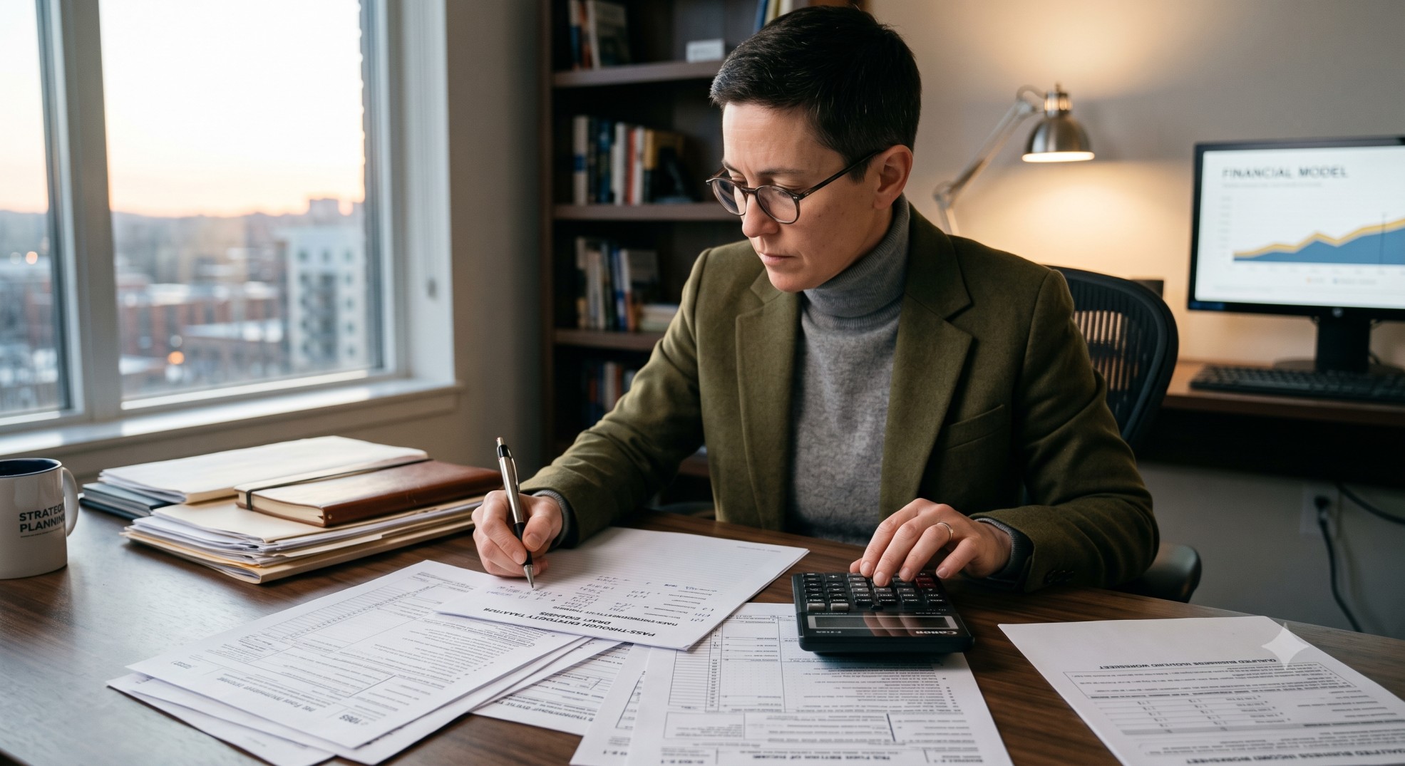 Financial documents and a calculator representing pass-through entity tax analysis for high-net-worth individuals