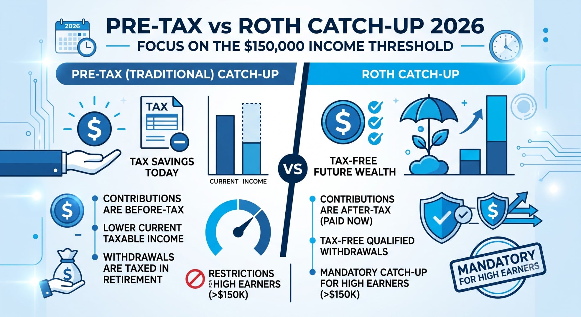 Infographic explaining the 2026 Roth catch-up rules for high earners based on the $150,000 threshold.