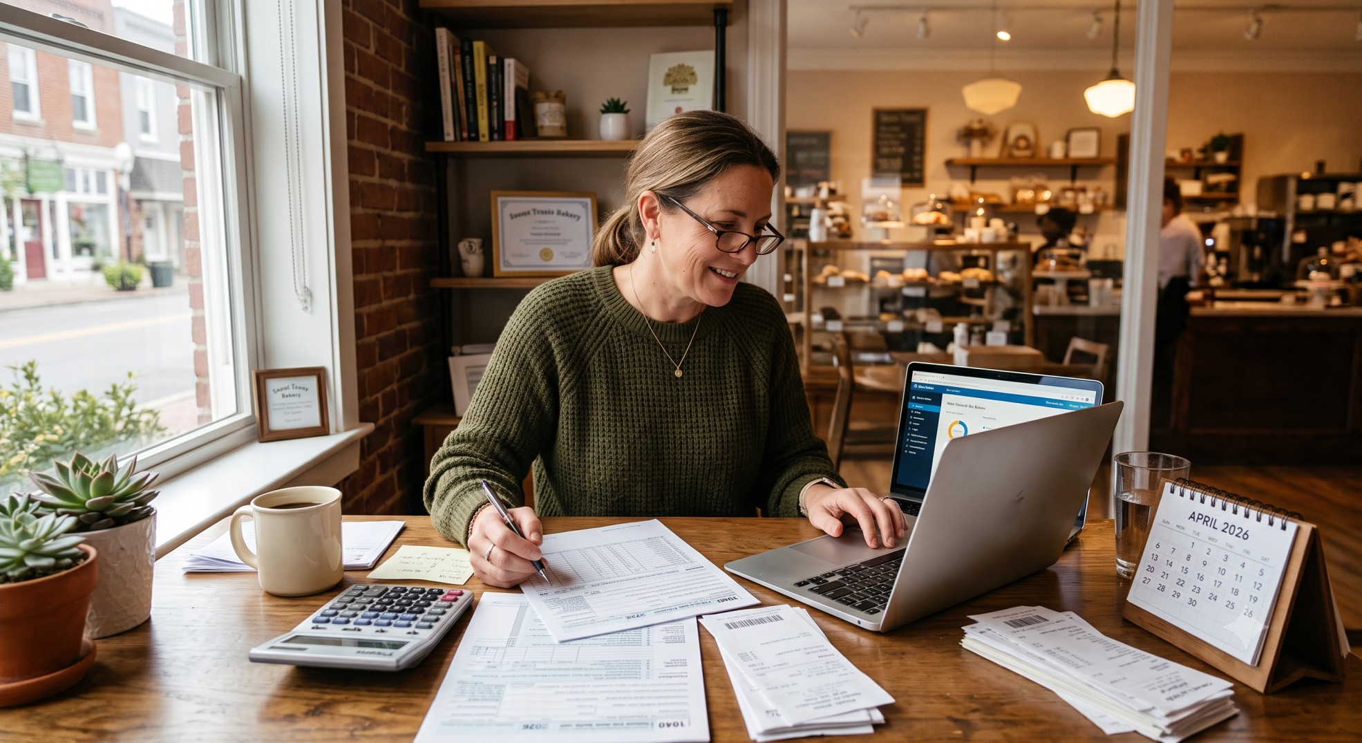 Small business owner reviewing QBI deduction paperwork and laptop for 2026 tax year filing