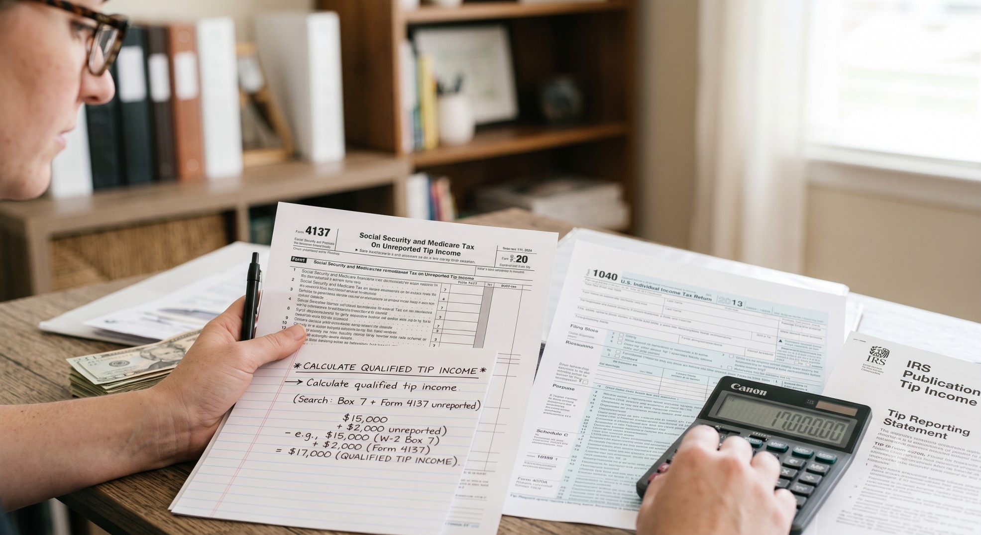 A person reviewing IRS tax forms and using a calculator to check qualified tip income
