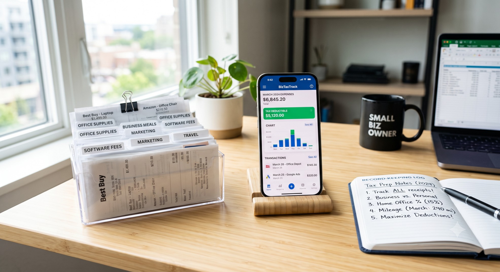 Organized stack of receipts and a smartphone used for tracking business expense records