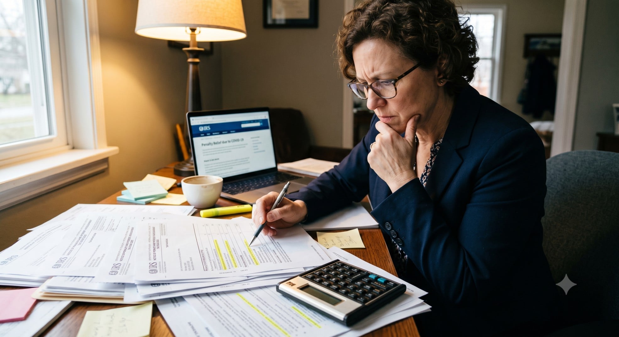 A person reviewing IRS notices and penalty assessments from the COVID-era to check refund eligibility.