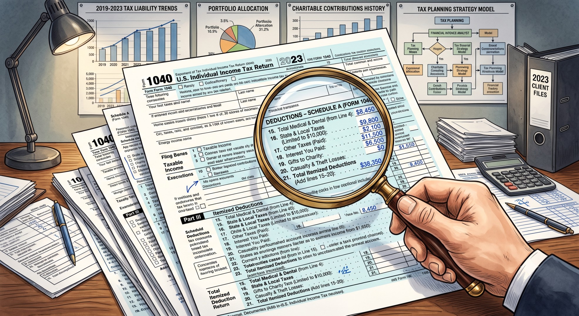 A magnifying glass over a complex tax form, highlighting strategies to save SALT deduction in 2025.