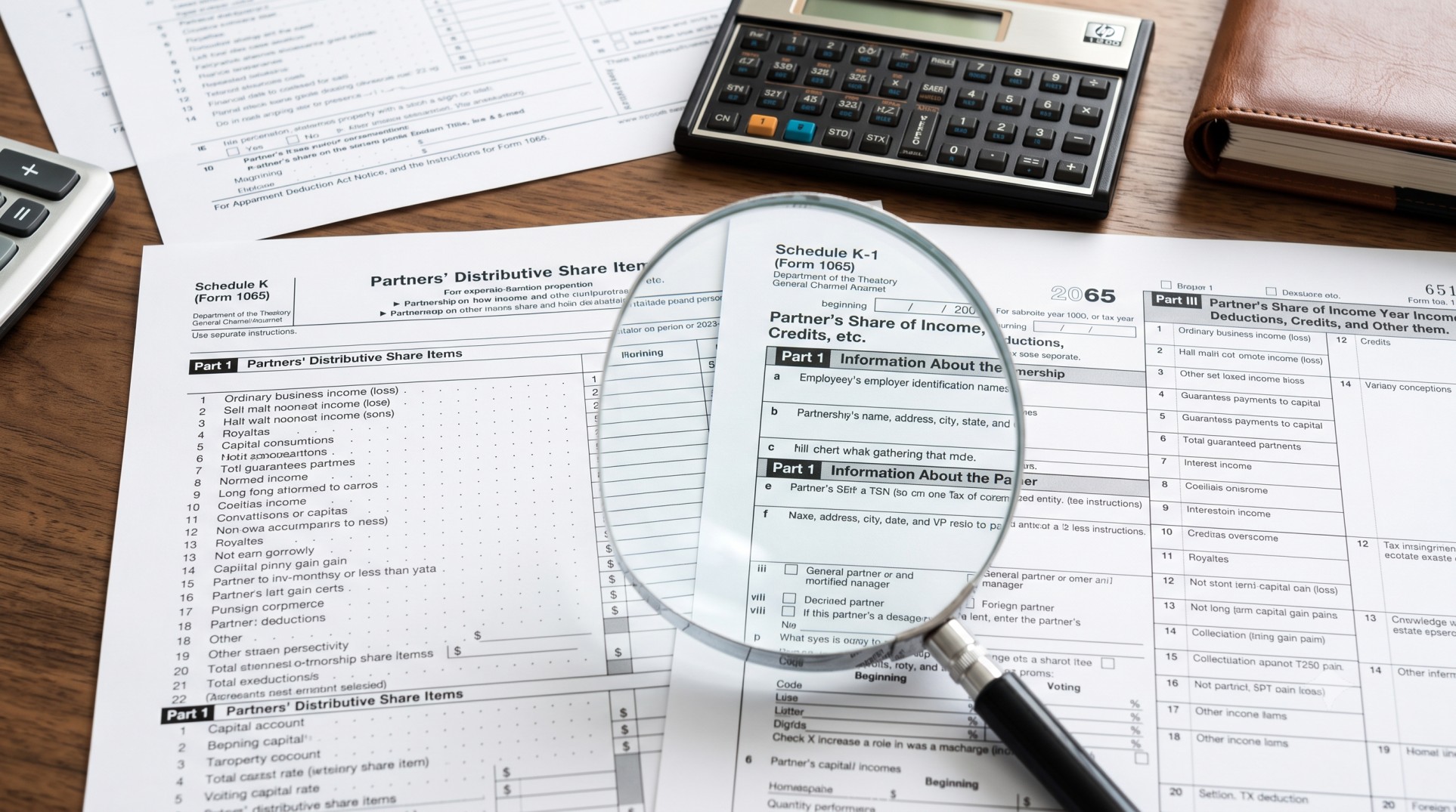 Tax forms Schedule K and Schedule K-1 with a magnifying glass, symbolizing detailed financial analysis for high-net-worth individuals