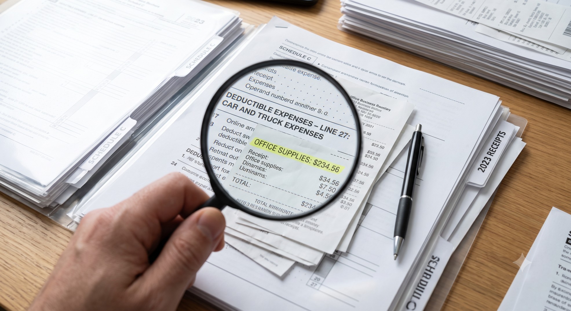 Magnifying glass over tax documents representing careful review of business expenses