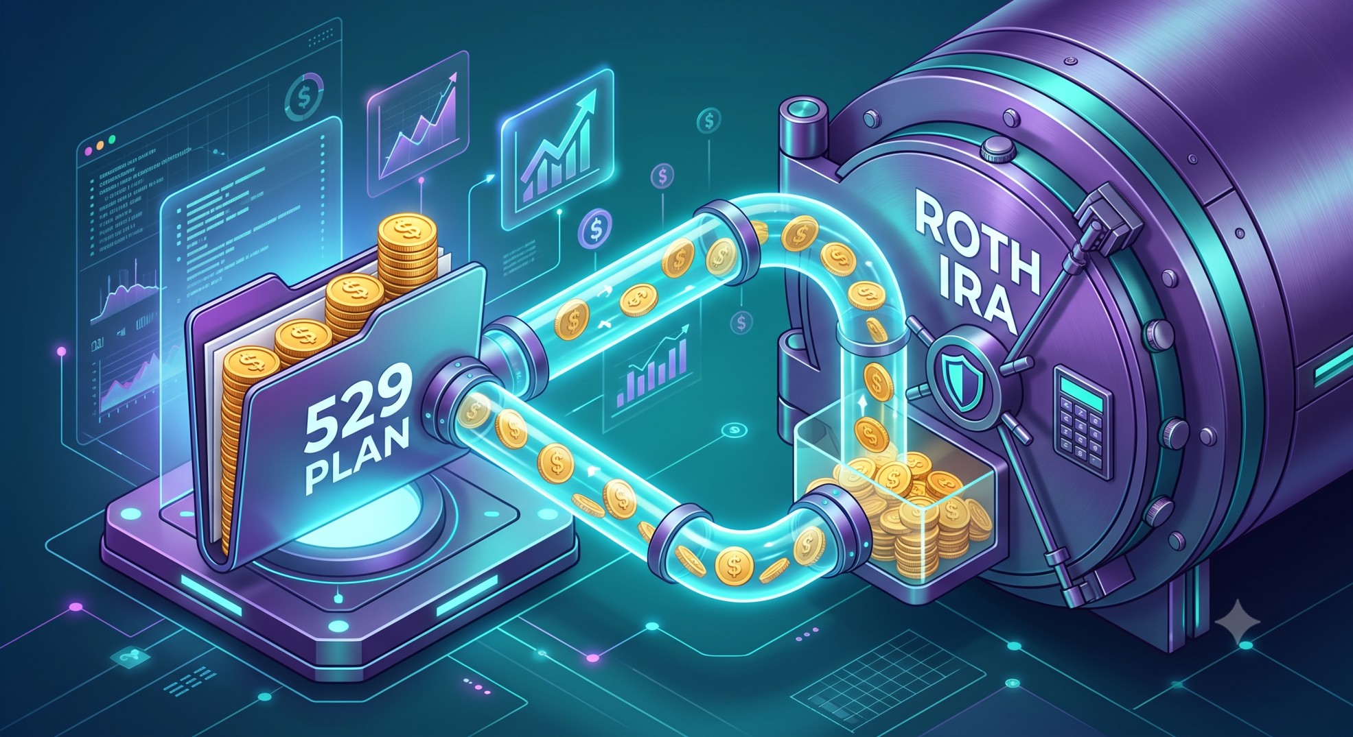 A conceptual illustration of transferring unused 529 plan funds into a Roth IRA under SECURE 2.0 rules.