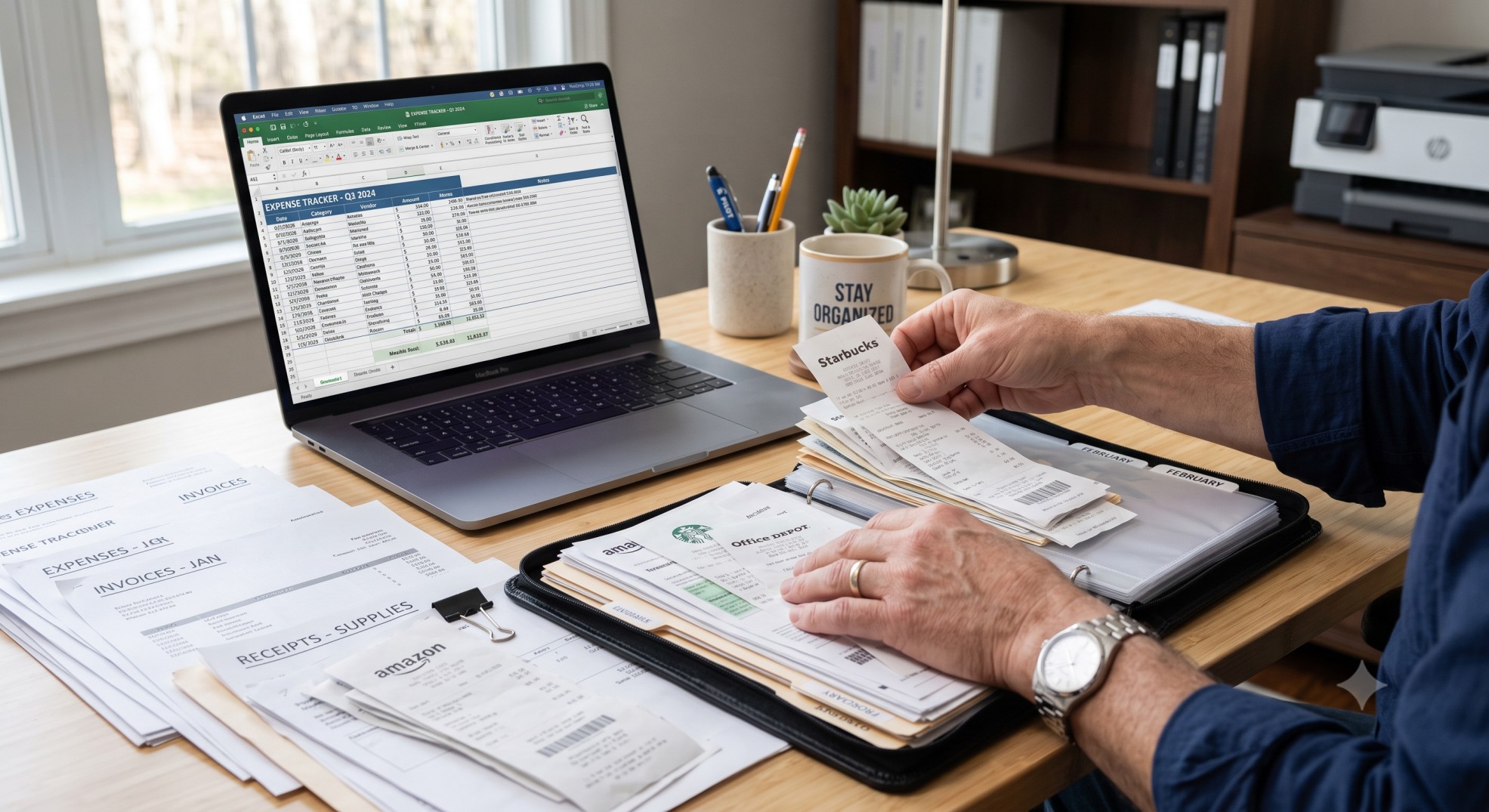 Self-employed professional organizing receipts and financial records for accurate 2026 freelance tax filing and deduction tracking