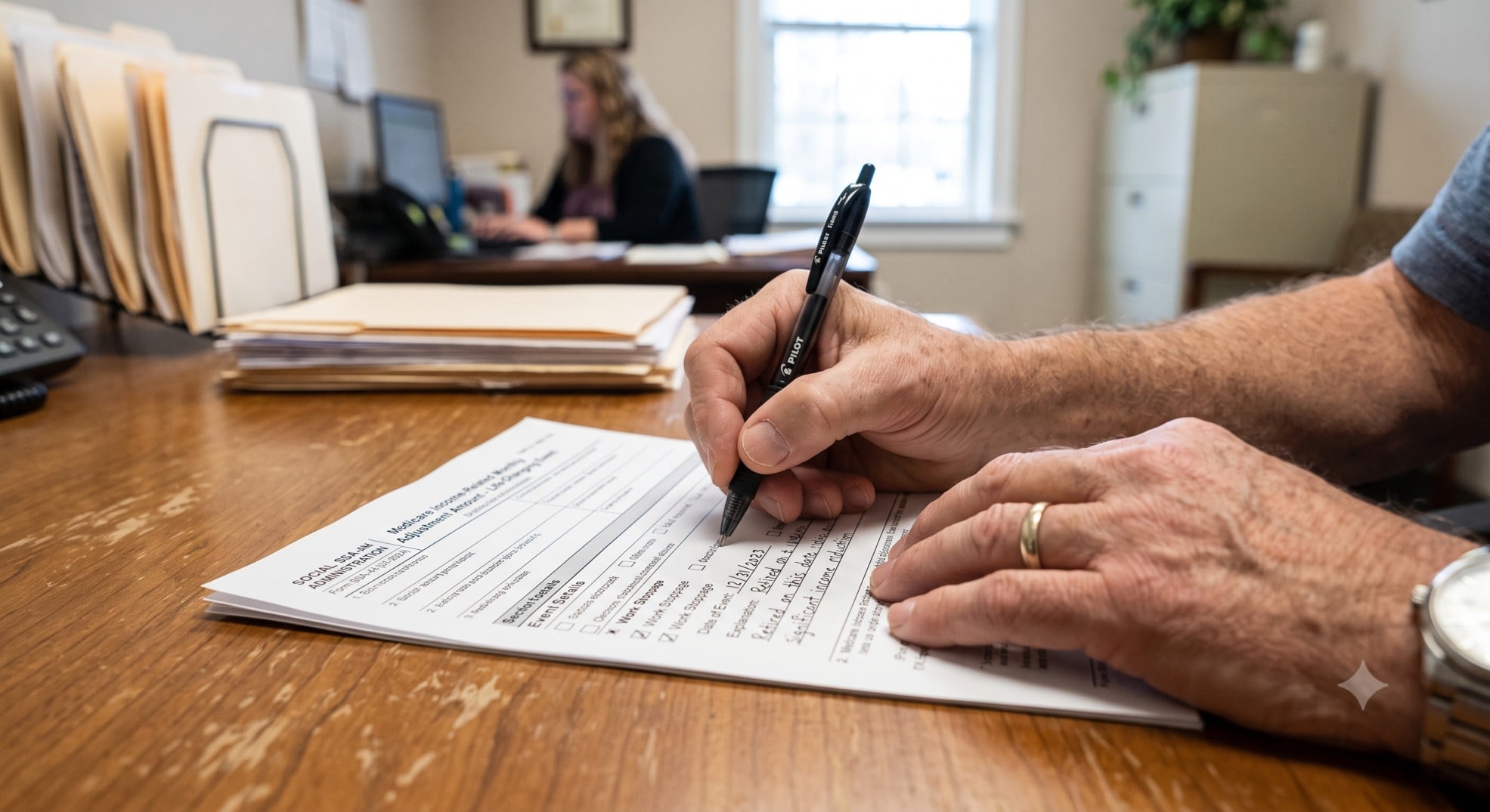 Hands filling out SSA-44 form to appeal an IRMAA determination after a life-changing event