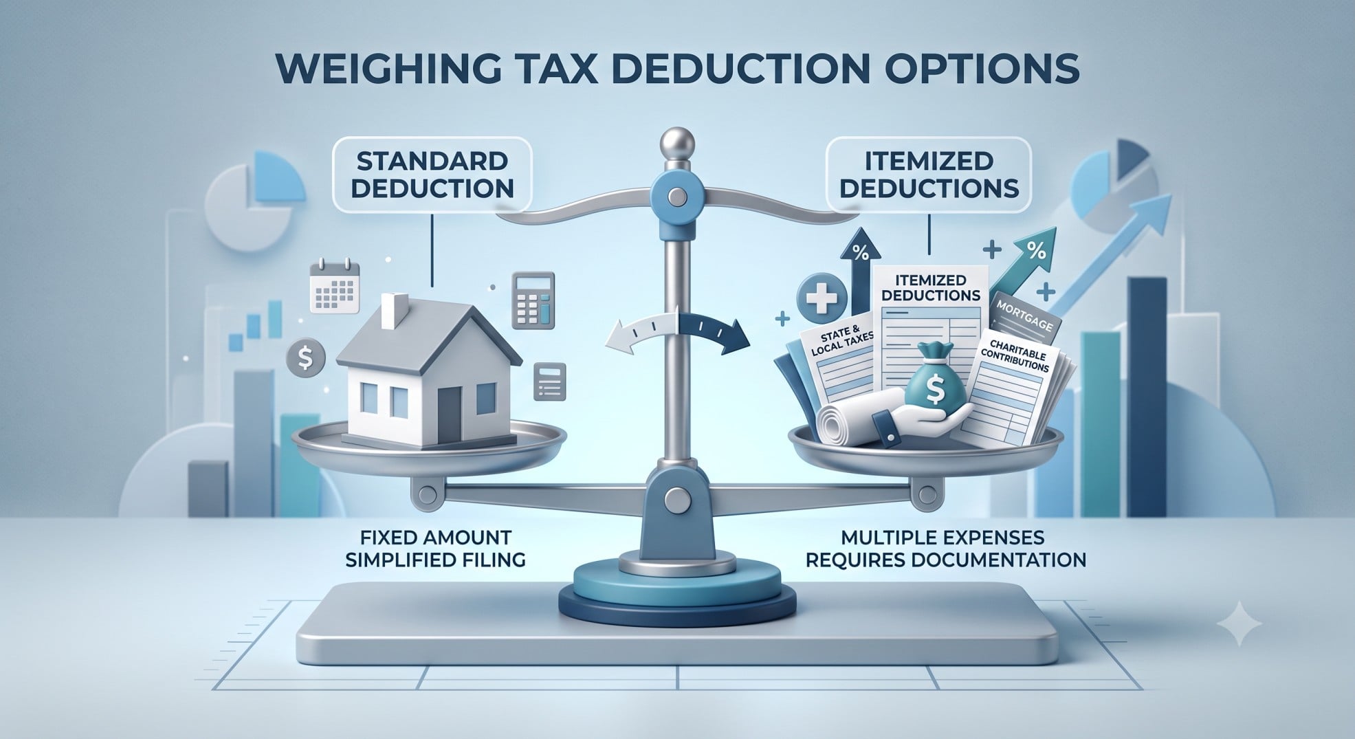 A balance scale weighing standard deductions against itemized deductions like mortgage interest and property taxes.