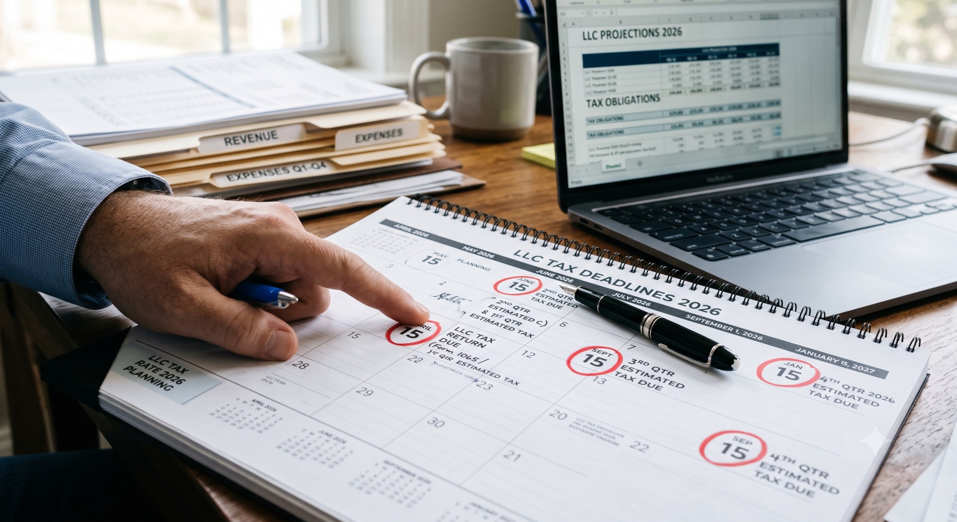A calendar with tax deadlines highlighted, emphasizing the importance of timely tax planning for llc tax rate 2026