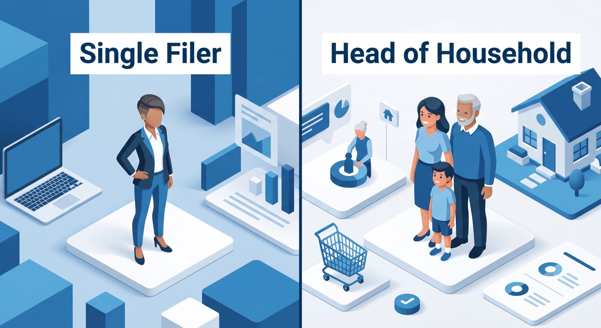 3D illustration comparing different tax filing statuses for 2026.