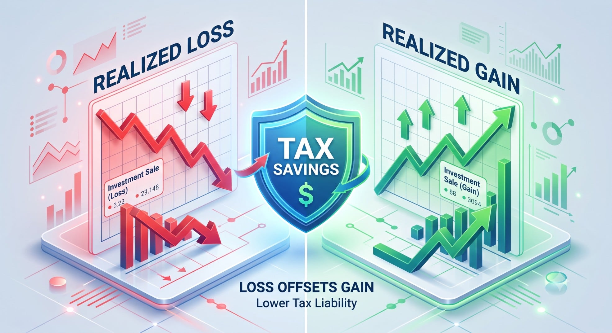 3D illustration showing how realized losses offset capital gains for tax savings.