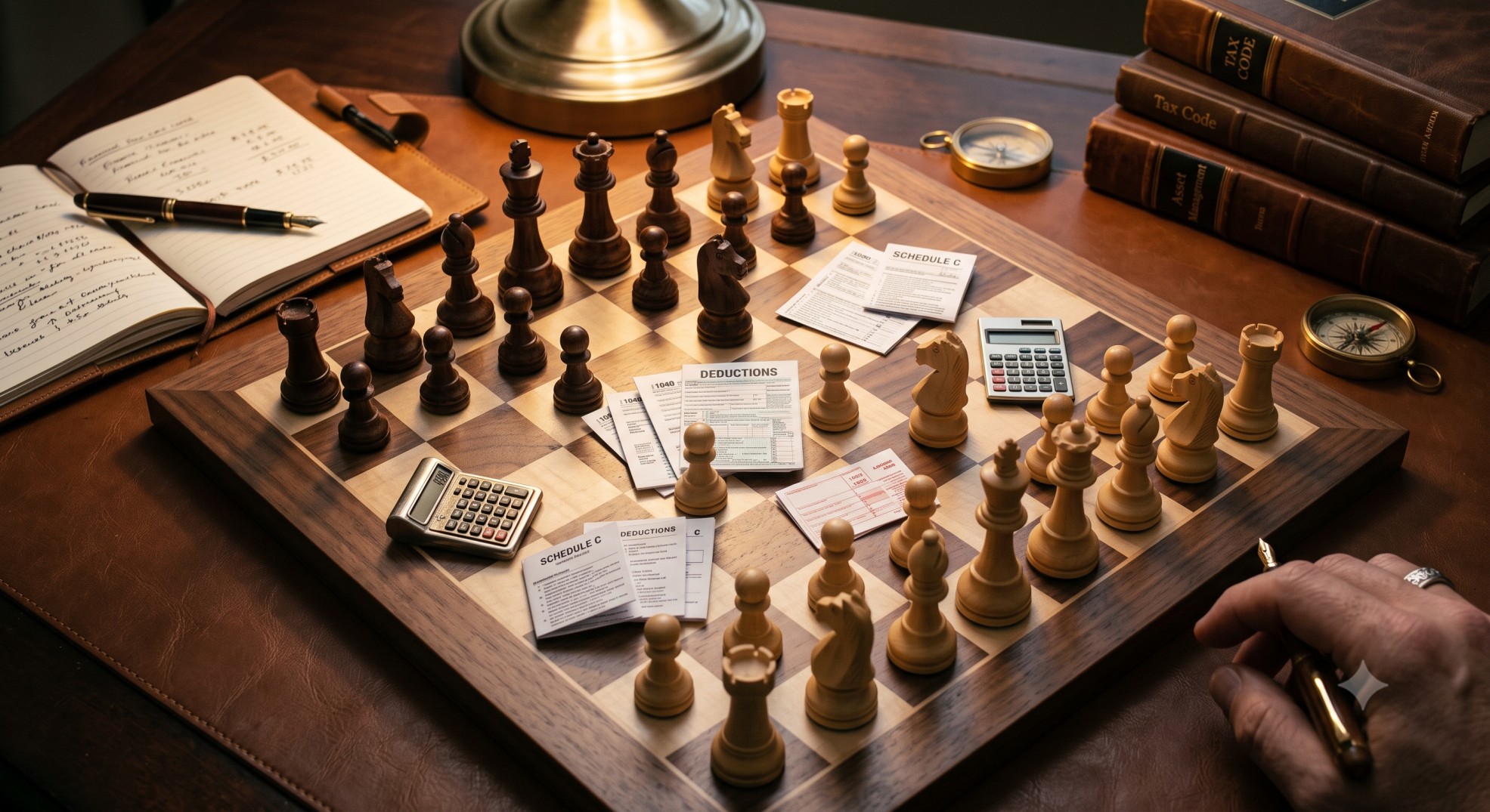 A chess board with tax documents, symbolizing strategic tax planning 2025 to avoid the Torpedo Trap.