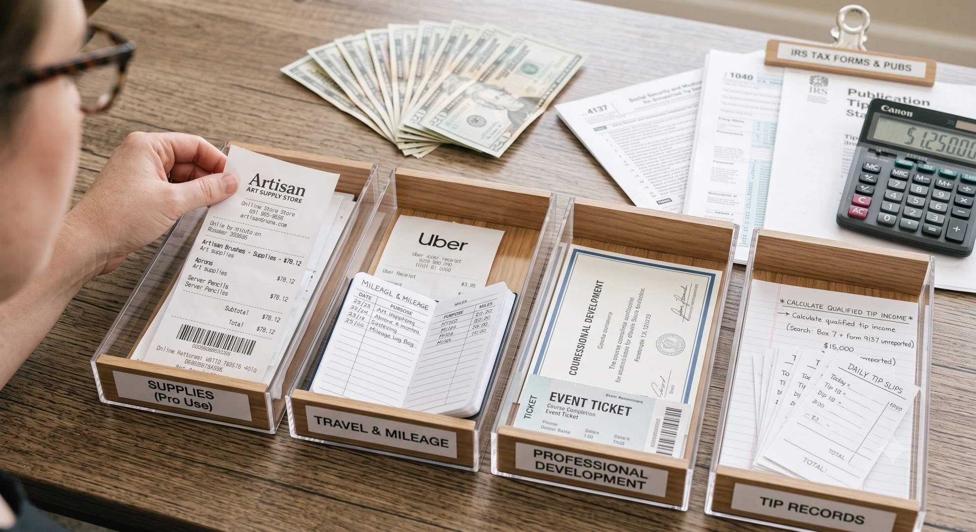 A hand organizing receipts on a desk for careful record-keeping of business expense deductions
