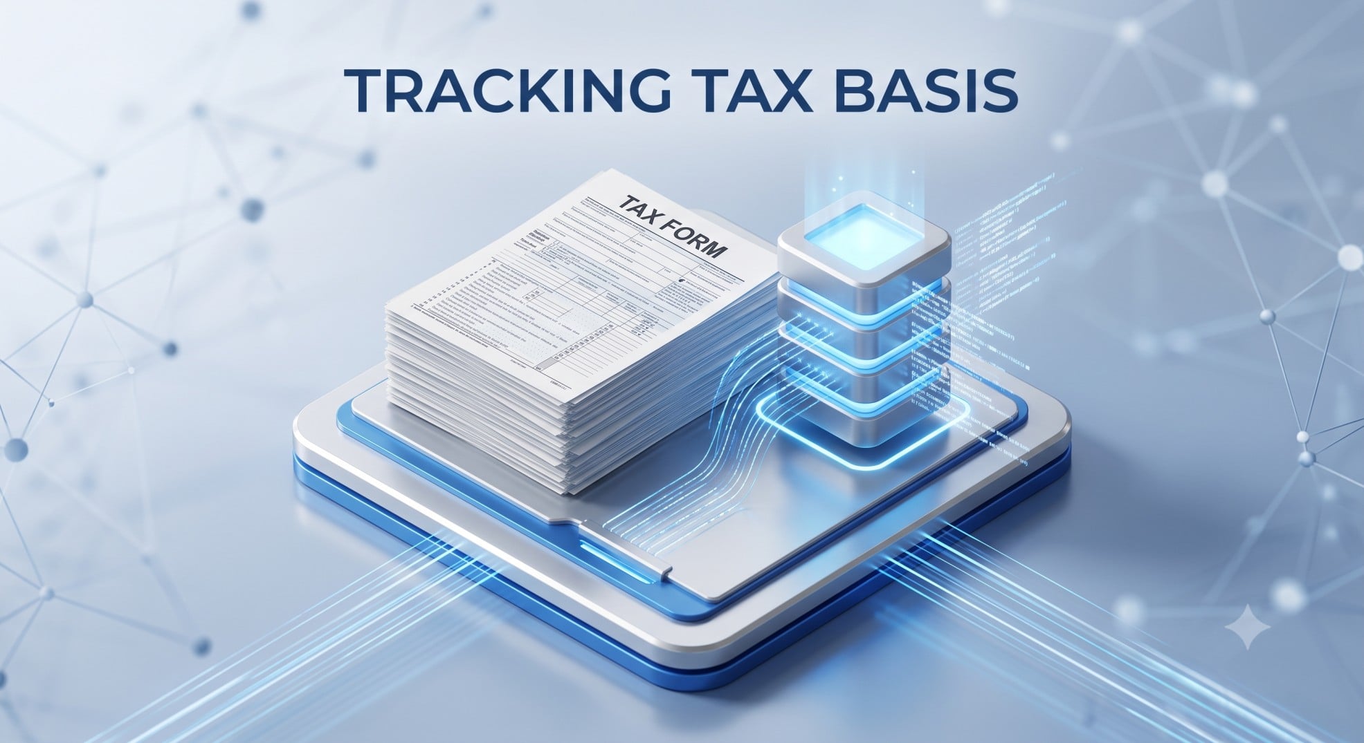 3D concept of tax forms and a database representing IRA basis tracking
