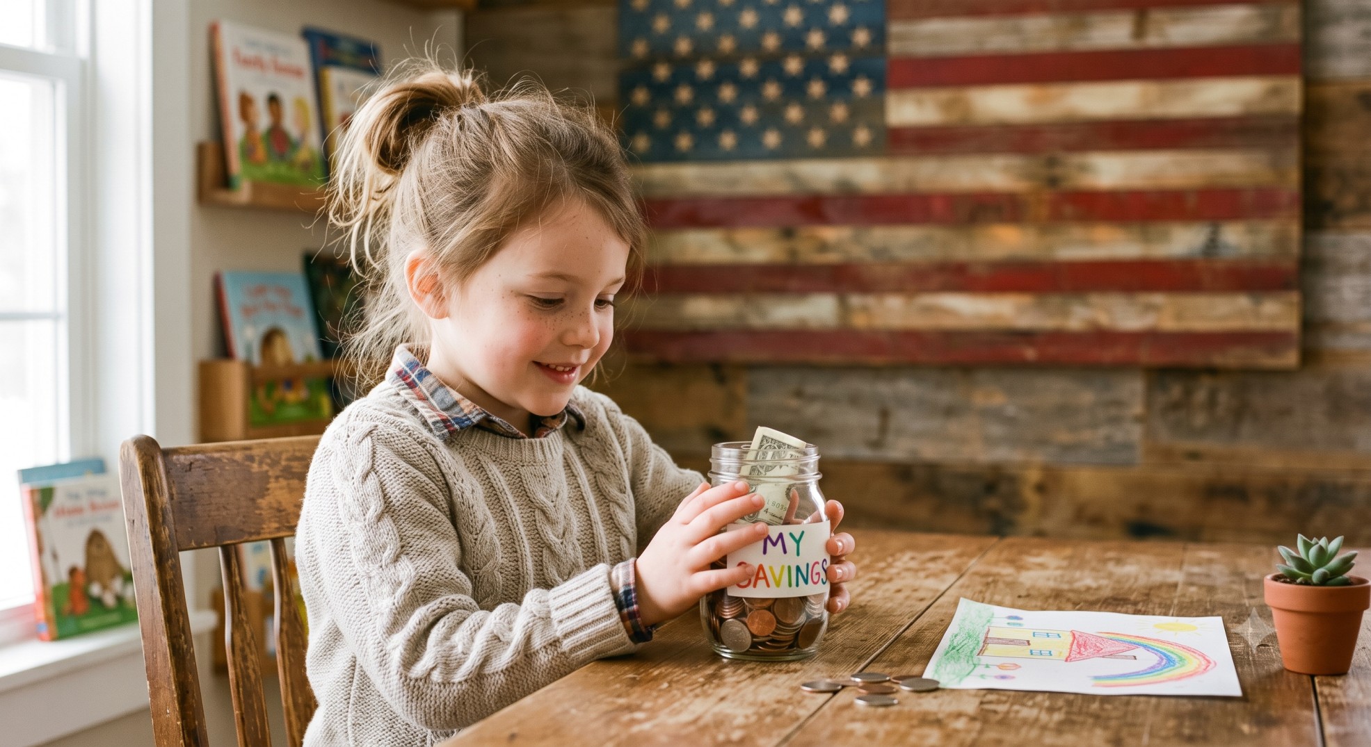 A young child looking at a piggy bank with a small American flag, symbolizing the new Trump Account 2026 and future savings.