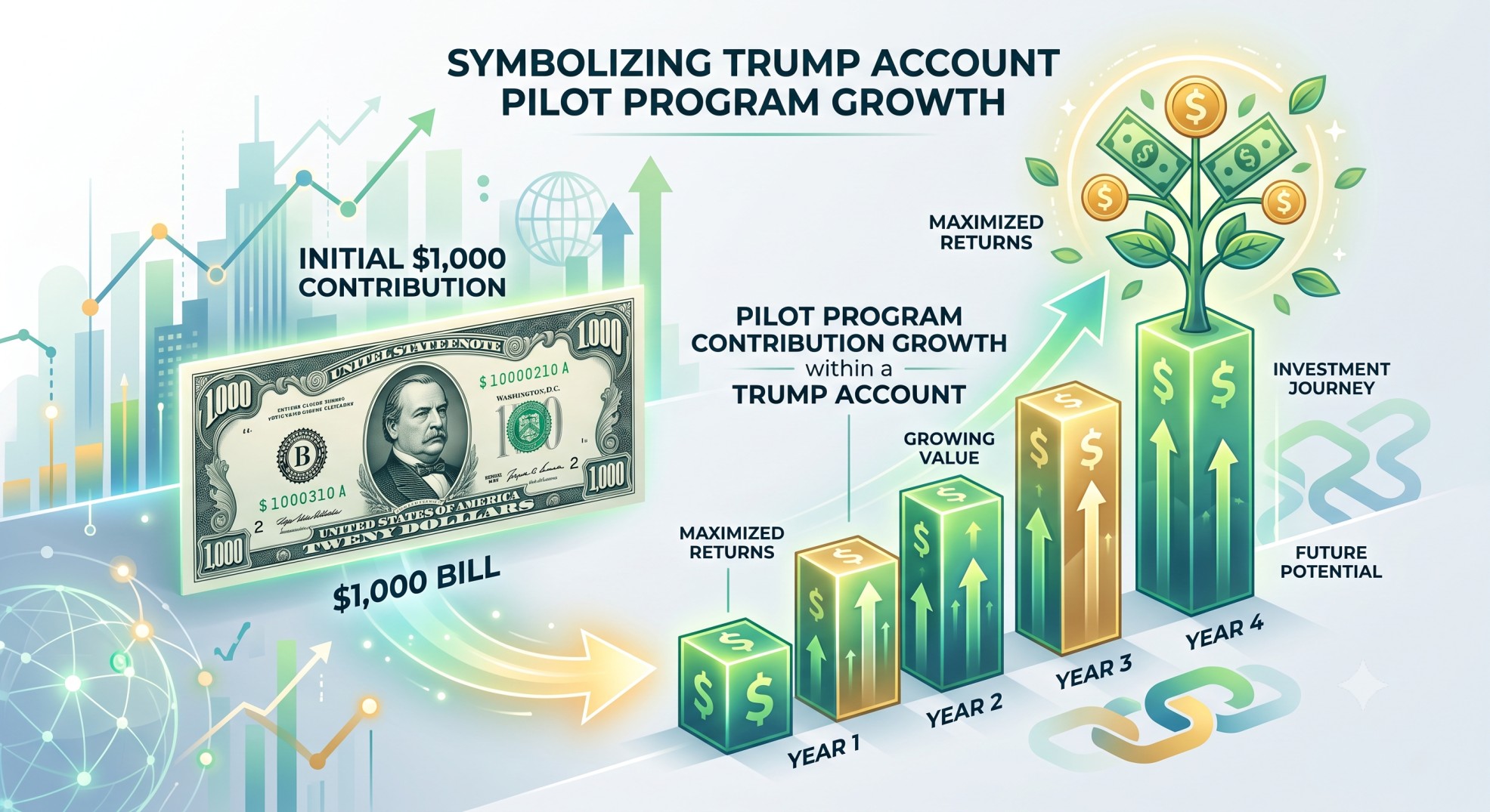 A graphic illustrating the $1,000 pilot program contribution growing over time in a Trump Account.