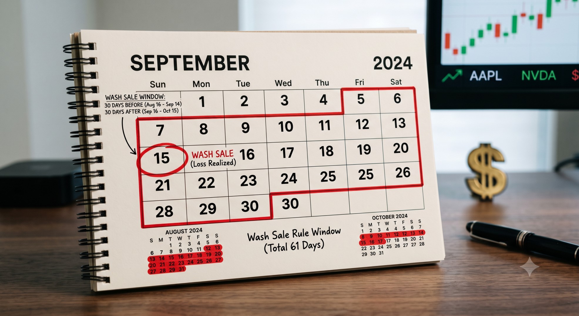 Calendar illustrating the 61-day window that defines a wash sale under the wash sale rule