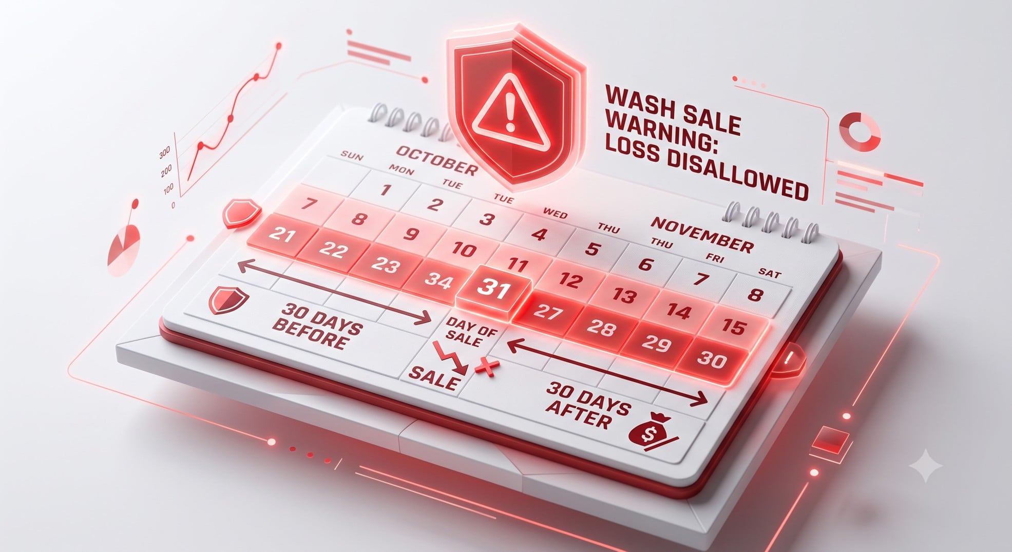 3D render of a calendar highlighting the 61-day wash sale rule window.