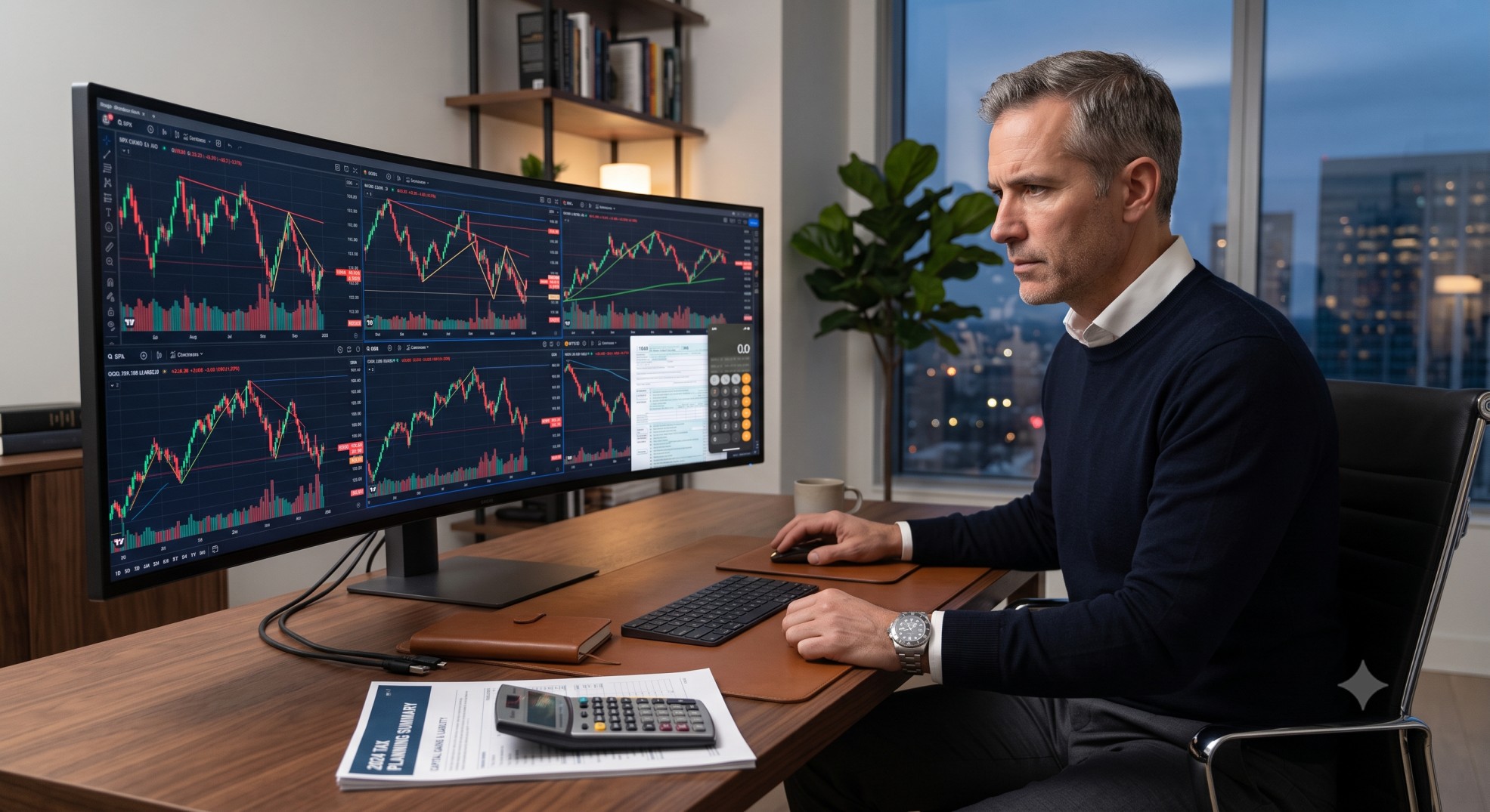 High-net-worth investor reviewing stock charts to apply the wash sale rule during tax-loss harvesting