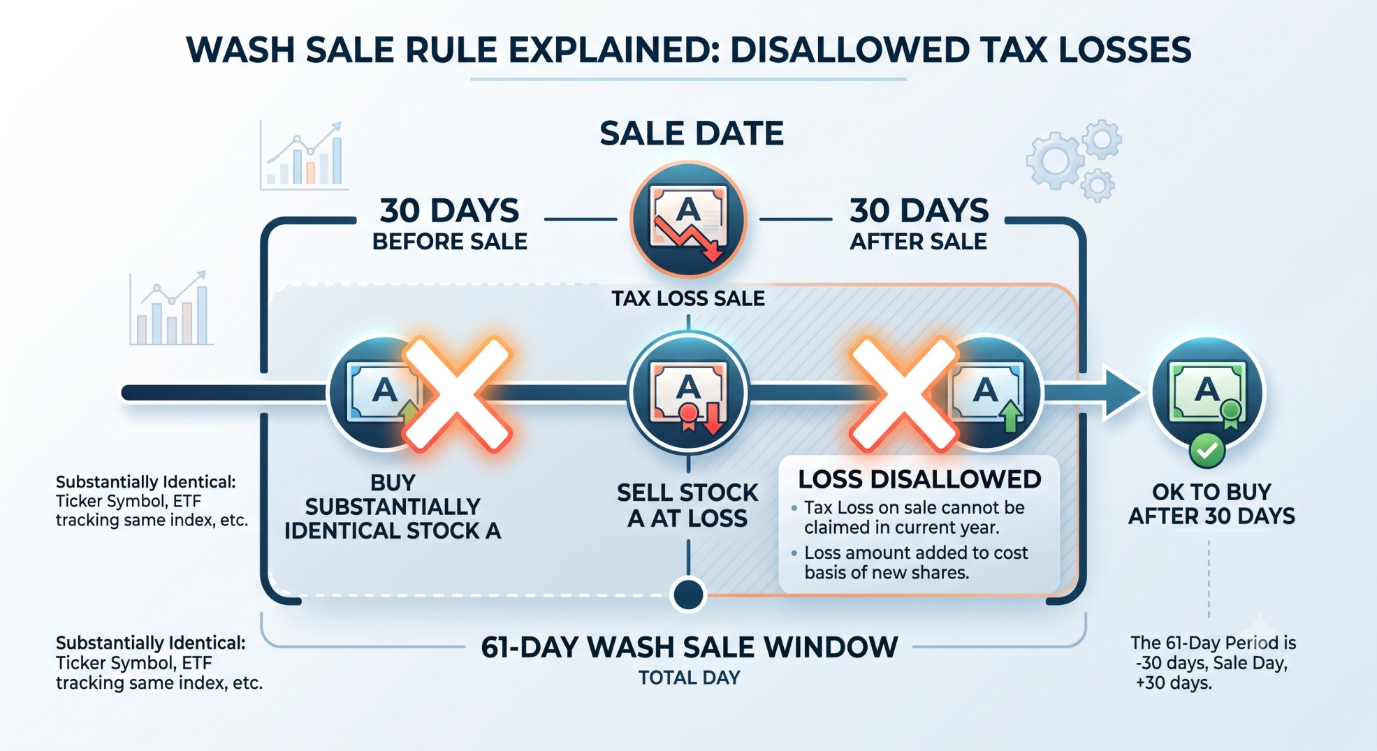 Infographic illustrating the 61-day wash sale rule window under IRC Section 1091