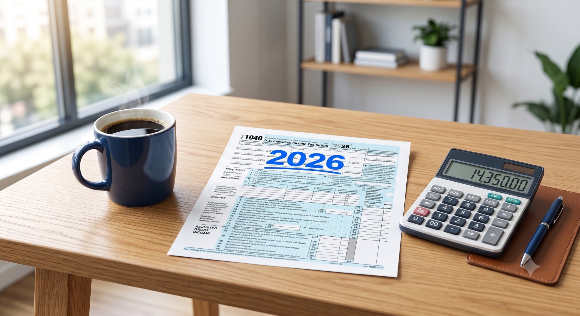 A tax document highlighting the 2026 tax year resting on a desk with a calculator.