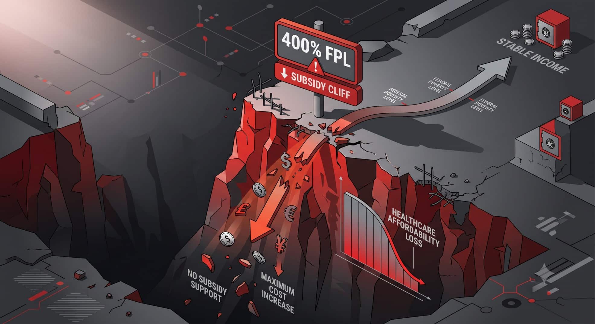 3D illustration of the 400 percent Federal Poverty Level subsidy cliff