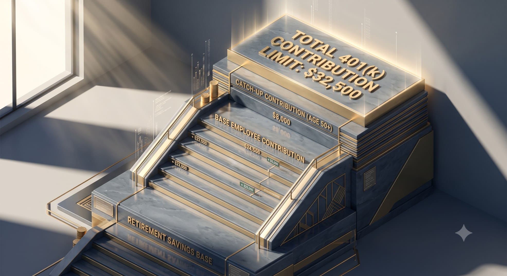 3D illustration showing how base contributions and catch-up contributions stack to reach the maximum 401(k) limit