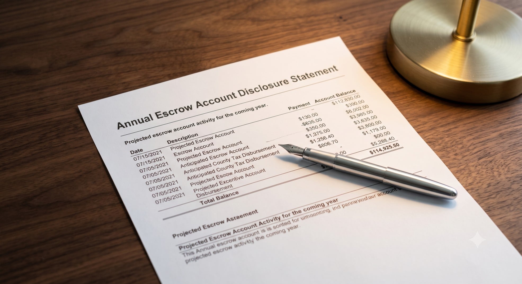 Close up of an annual escrow account disclosure statement showing tax disbursements.