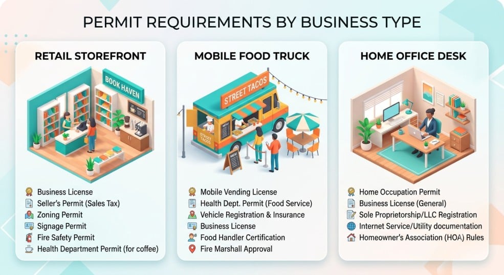 Isometric illustration of a retail store, food truck, and home office showing different permit needs.