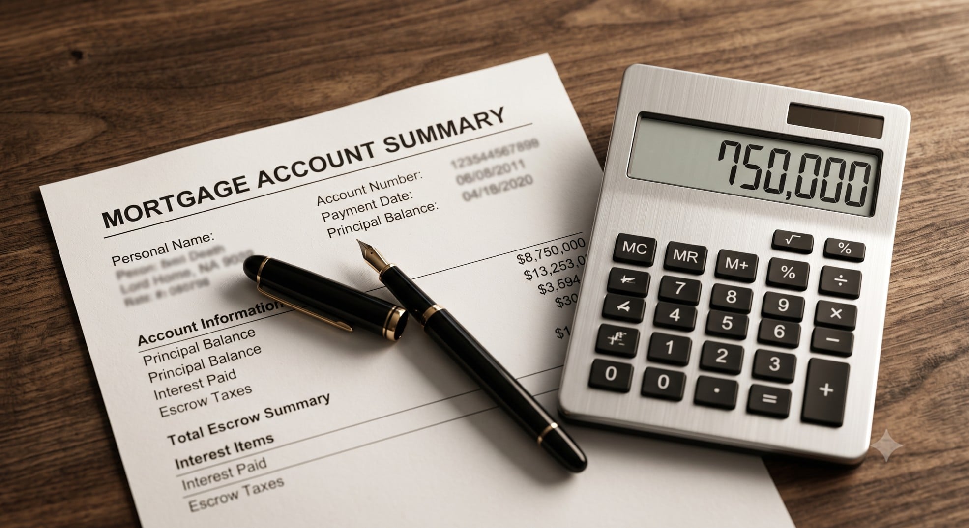 Calculator and mortgage statement representing the $750,000 mortgage interest deduction limit.