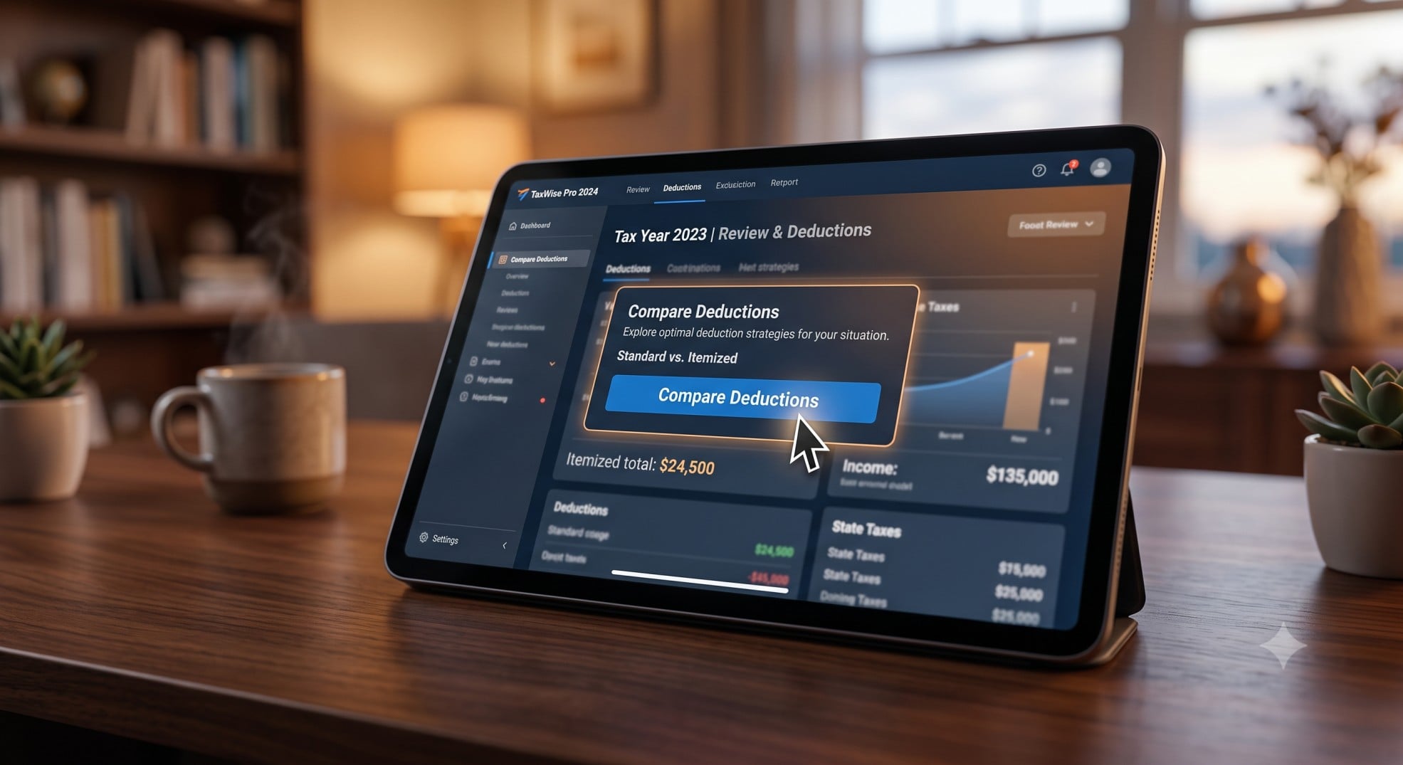 A tablet screen showing a tax software interface comparing deduction options.