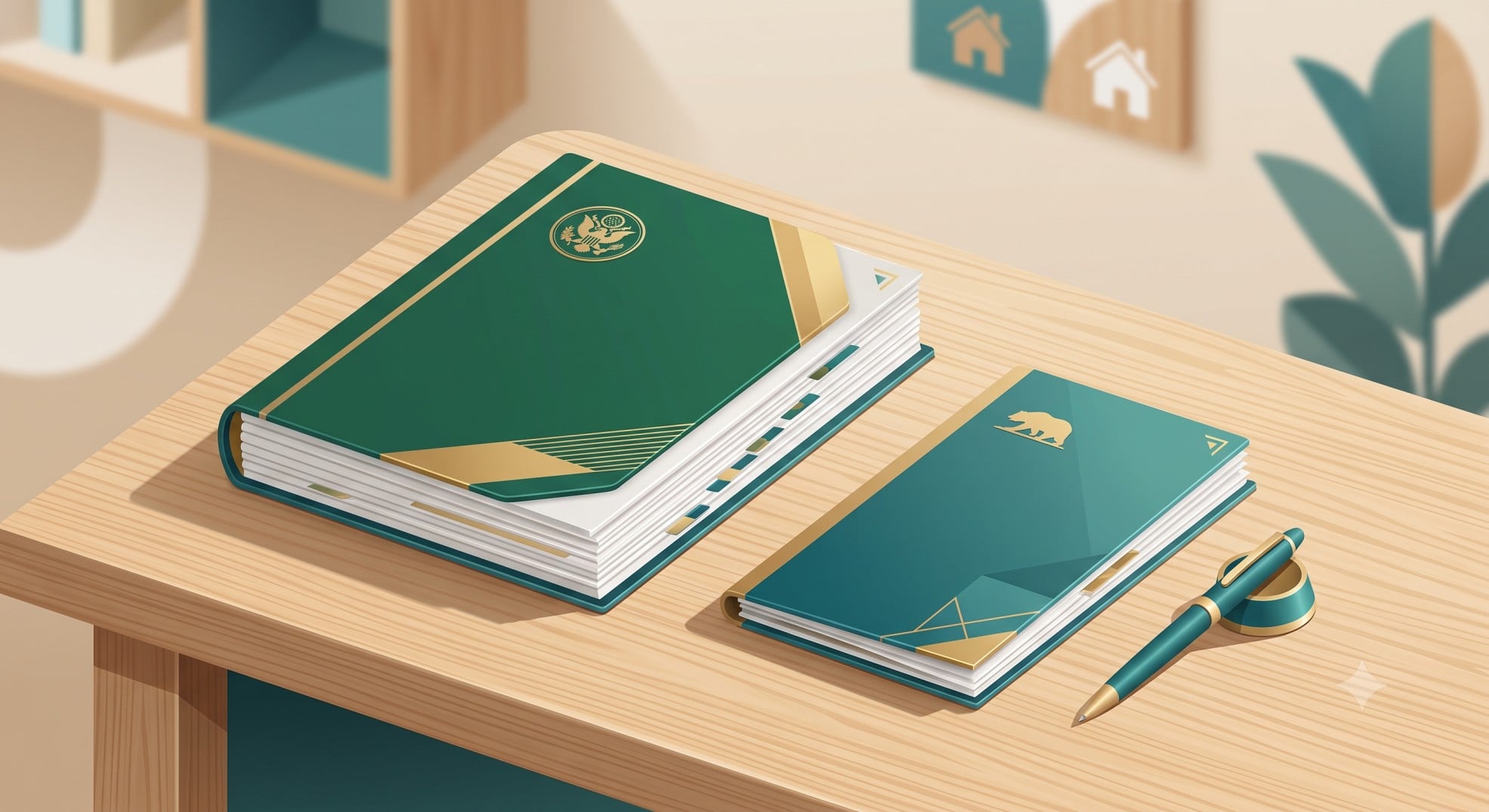 A conceptual illustration comparing a large federal tax document to a smaller state tax document.