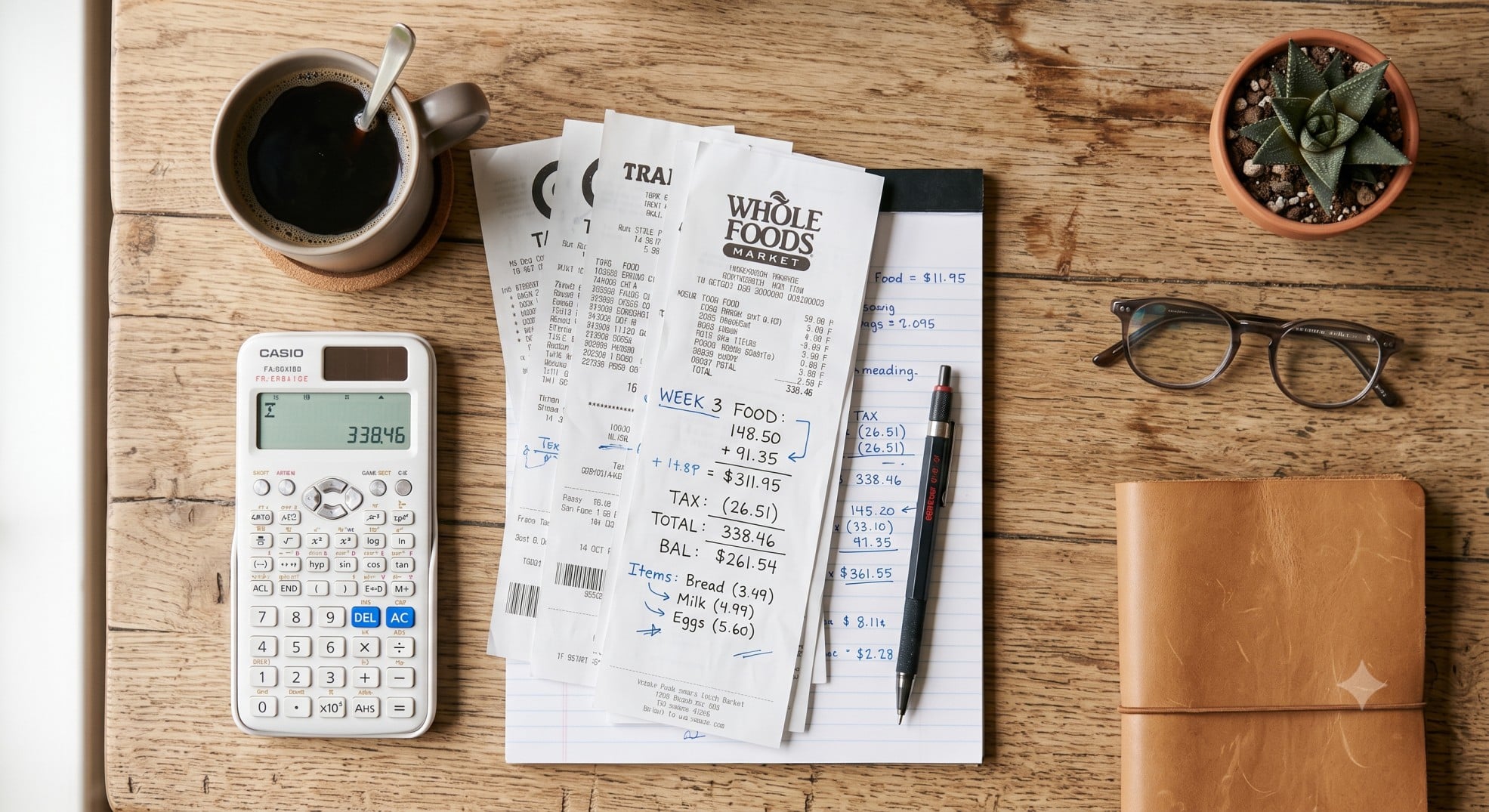 A calculator and receipts used to calculate cash back rewards math.