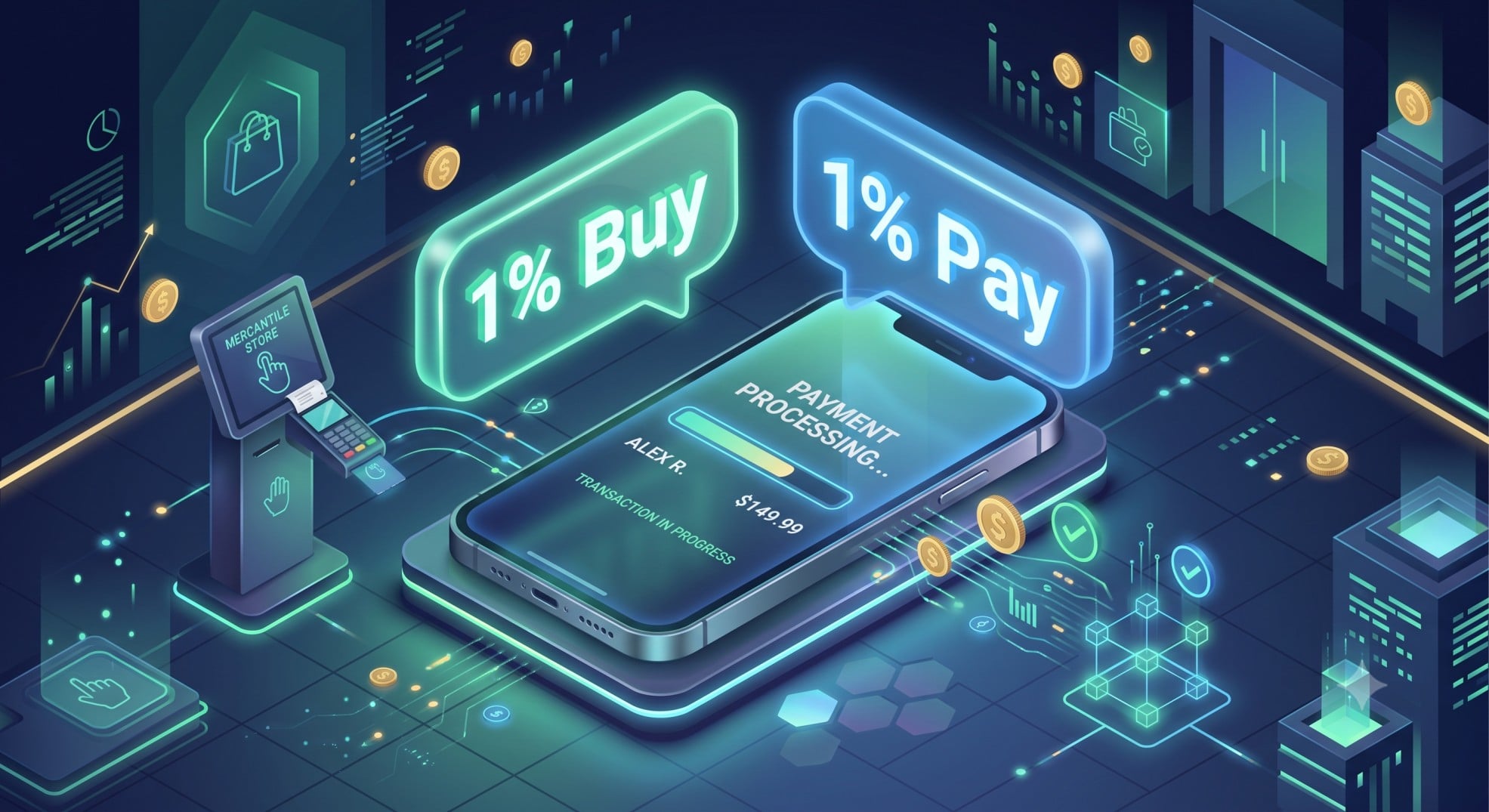Illustration representing the Citi Double Cash 1% buy and 1% pay rewards structure.