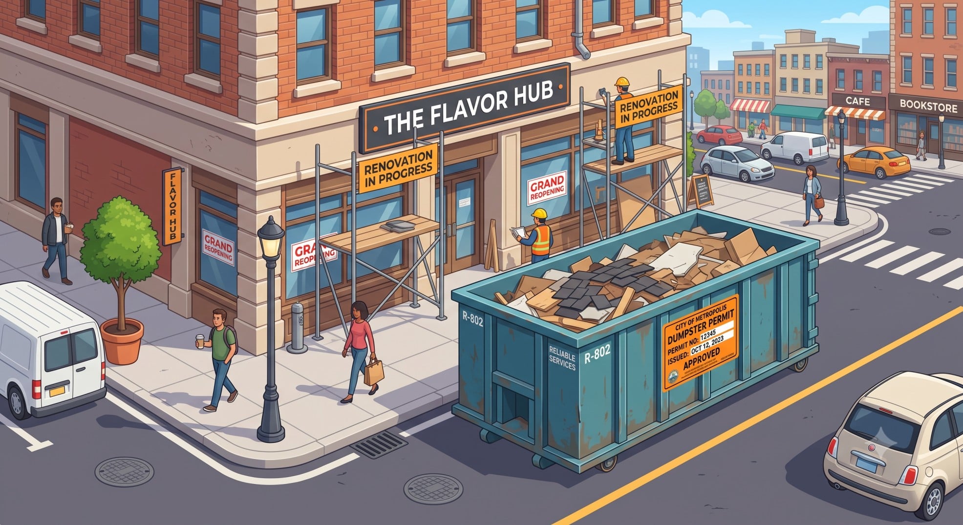 Isometric illustration of a commercial dumpster on a city street with a visible placement permit.