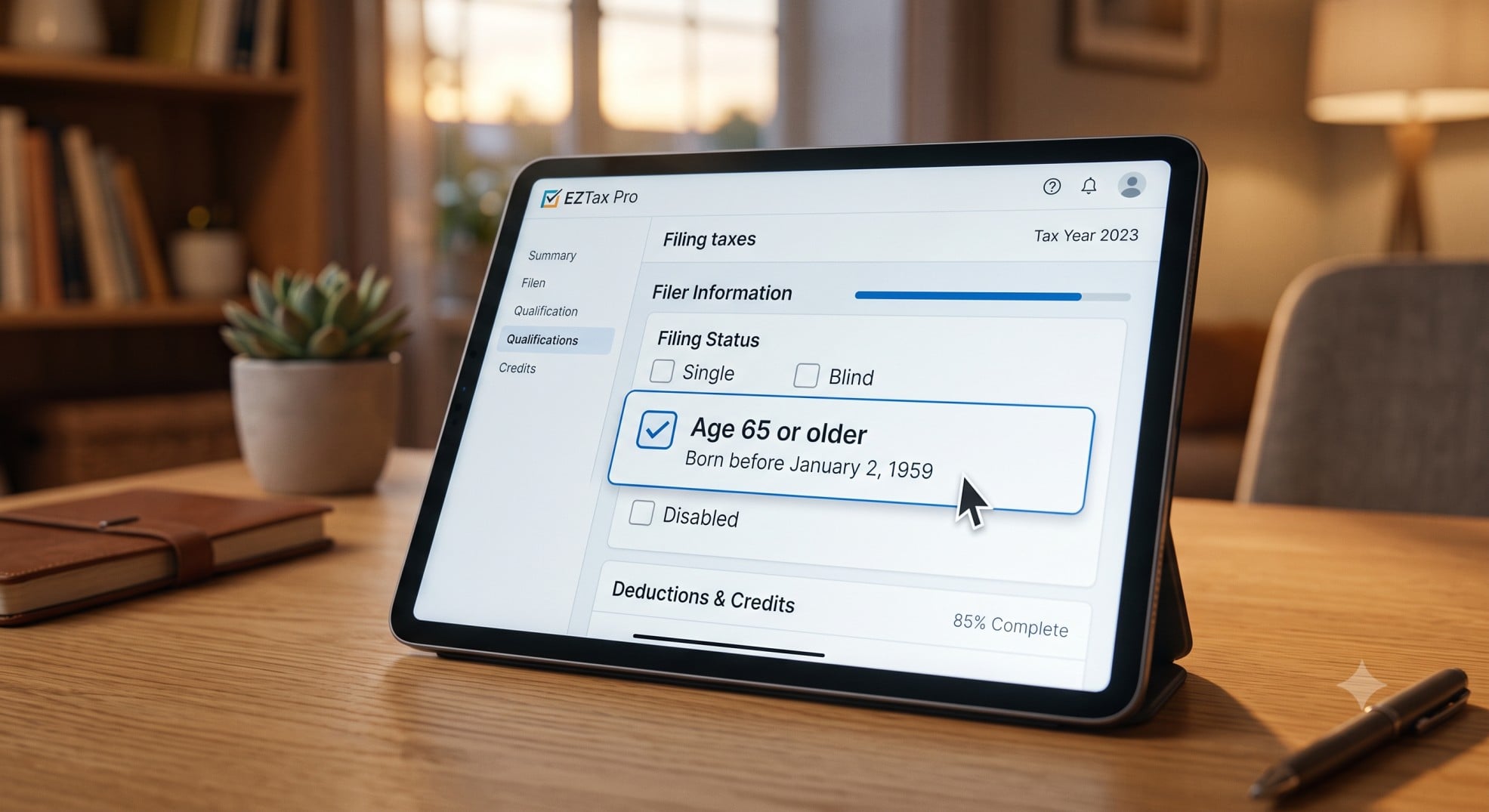 A tablet screen showing a tax software interface checking the age 65 or older box.