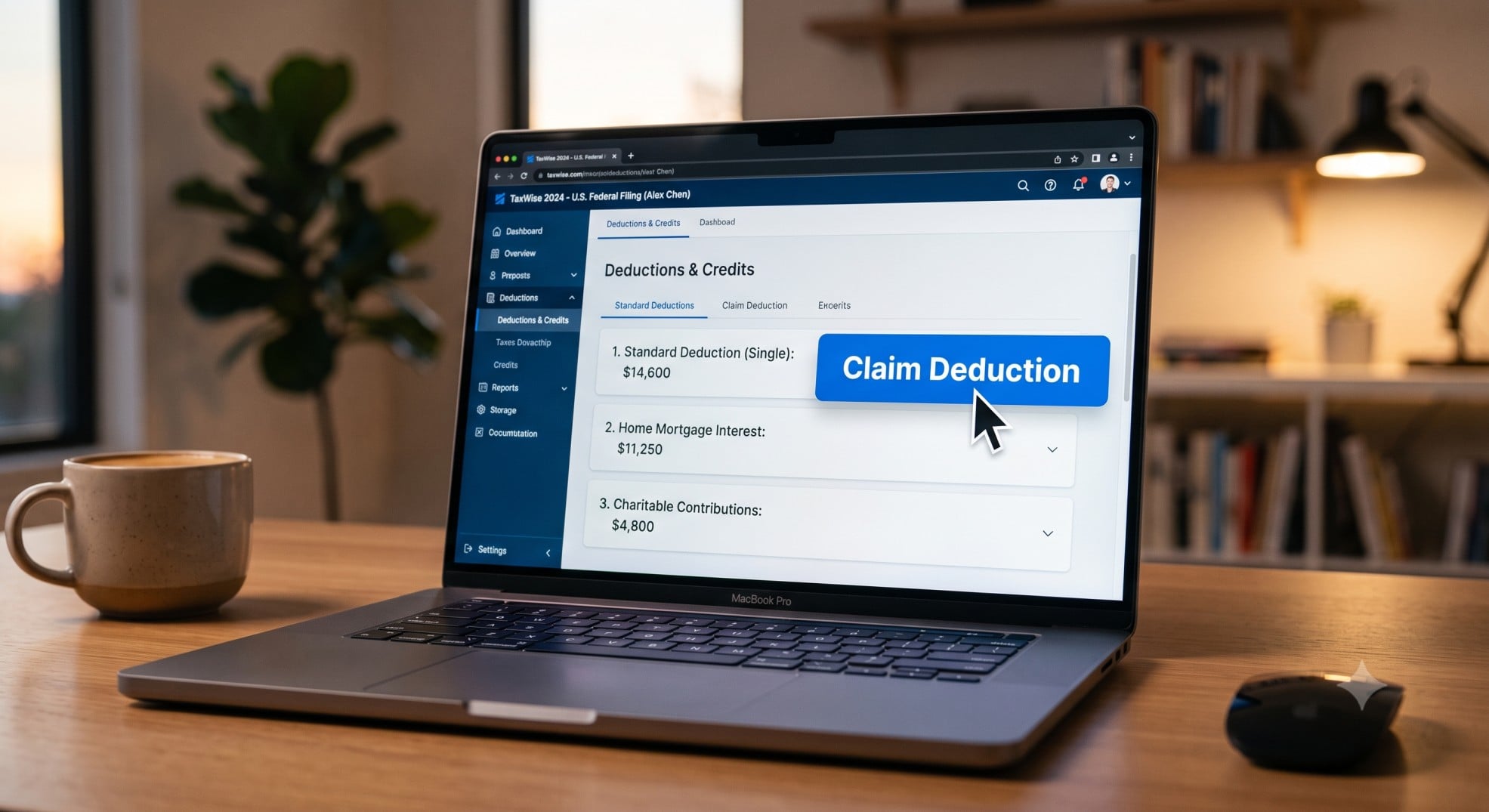 A laptop screen showing a tax software interface with a cursor clicking a claim deduction button.