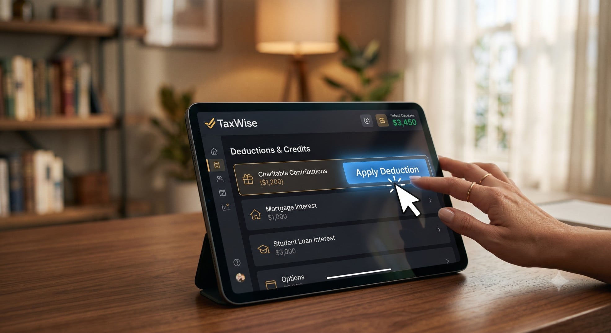 A tablet screen showing a tax software interface applying a standard deduction.