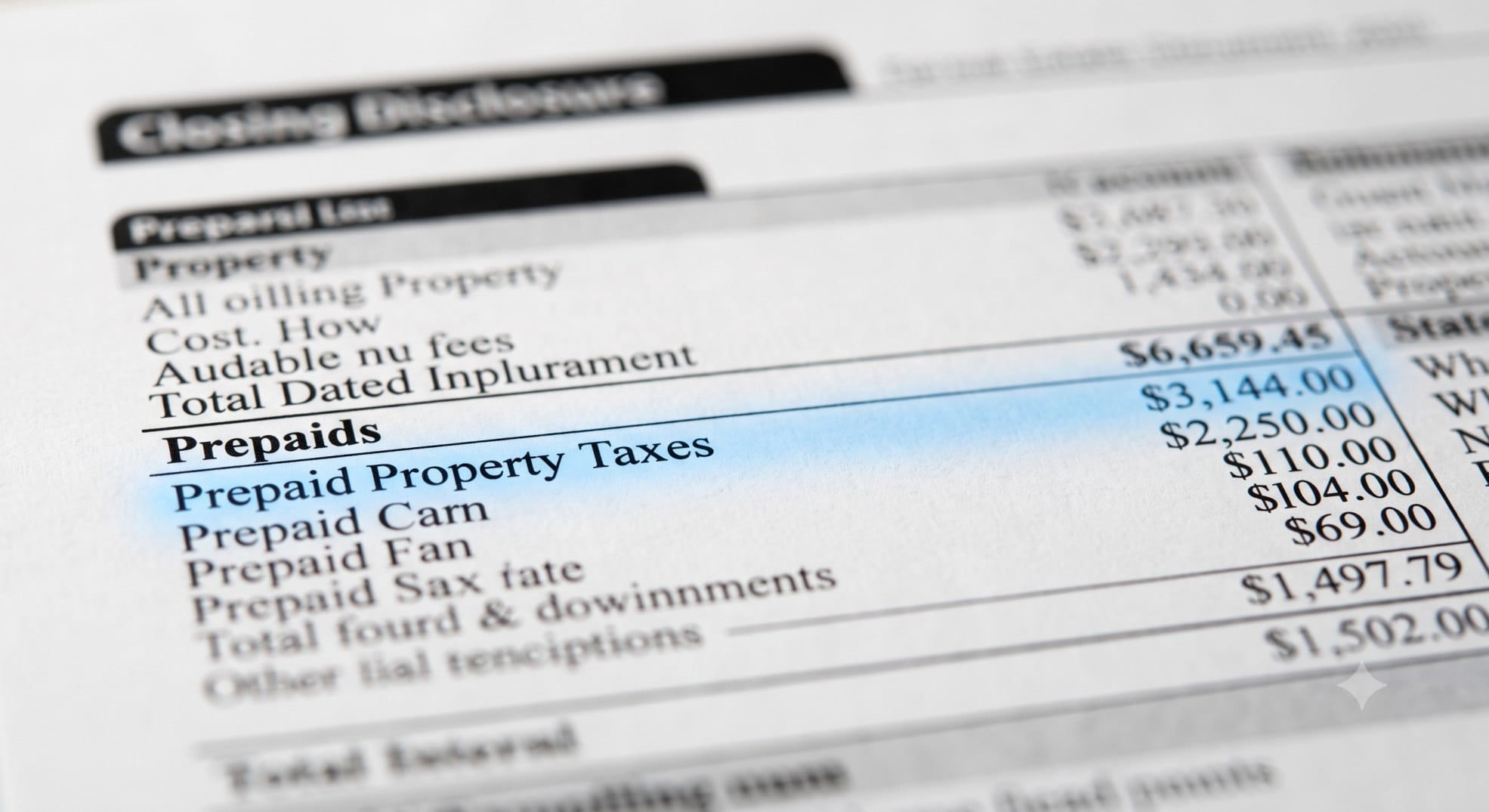 Closing disclosure document highlighting prepaid property taxes at a real estate closing.