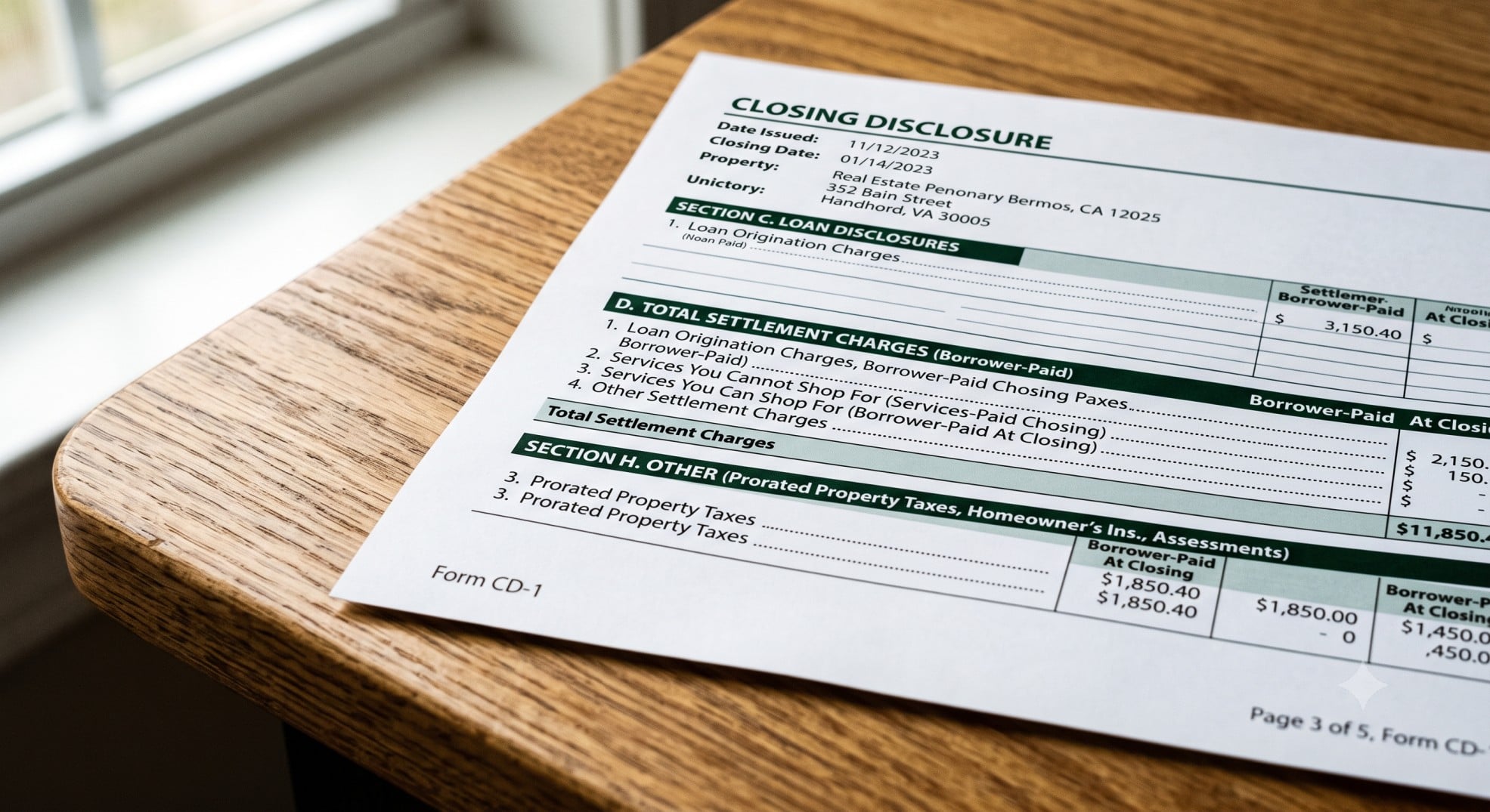 A real estate Closing Disclosure showing prorated property taxes paid at settlement.