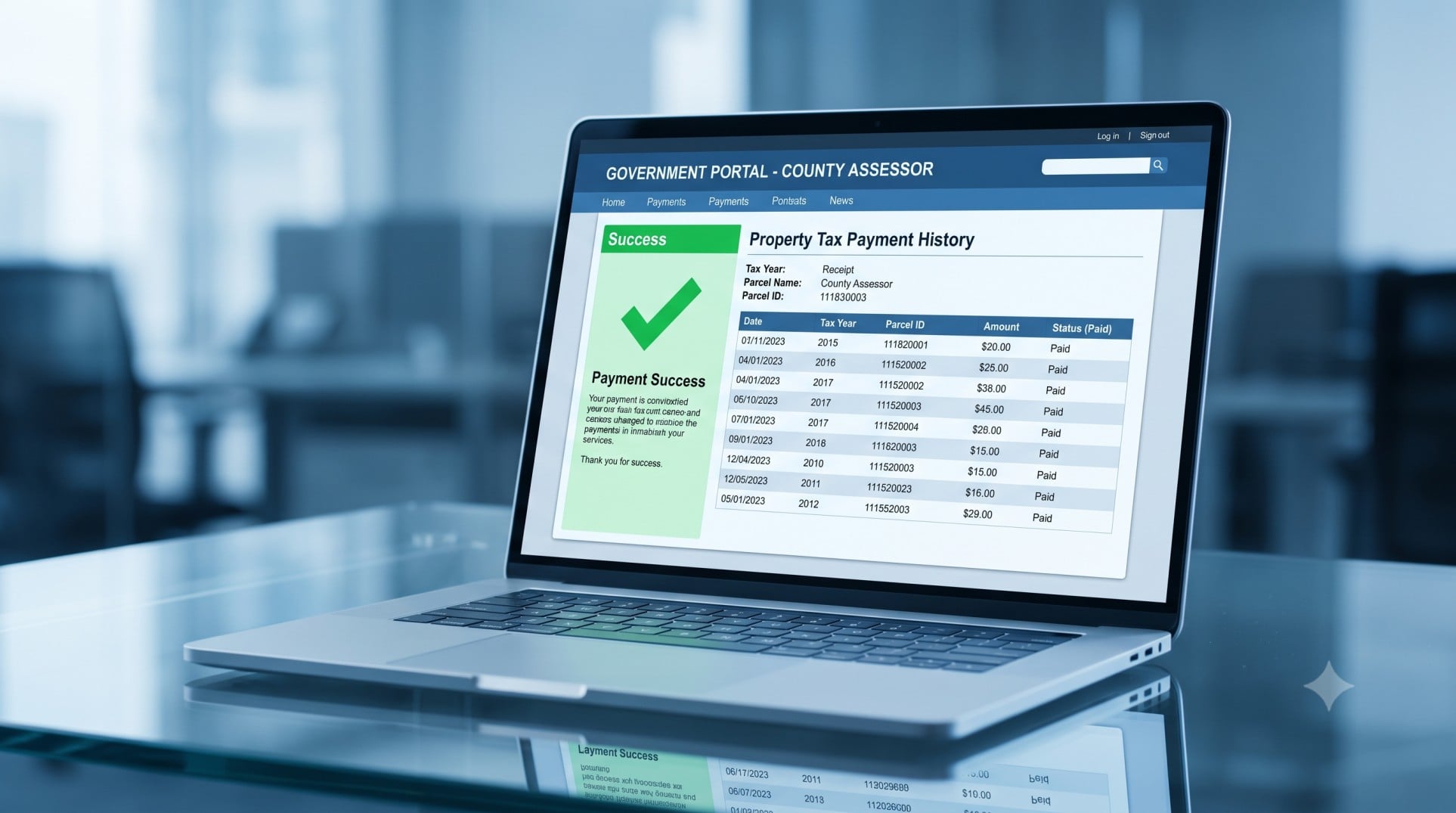 Laptop screen showing an online county tax assessor payment portal.