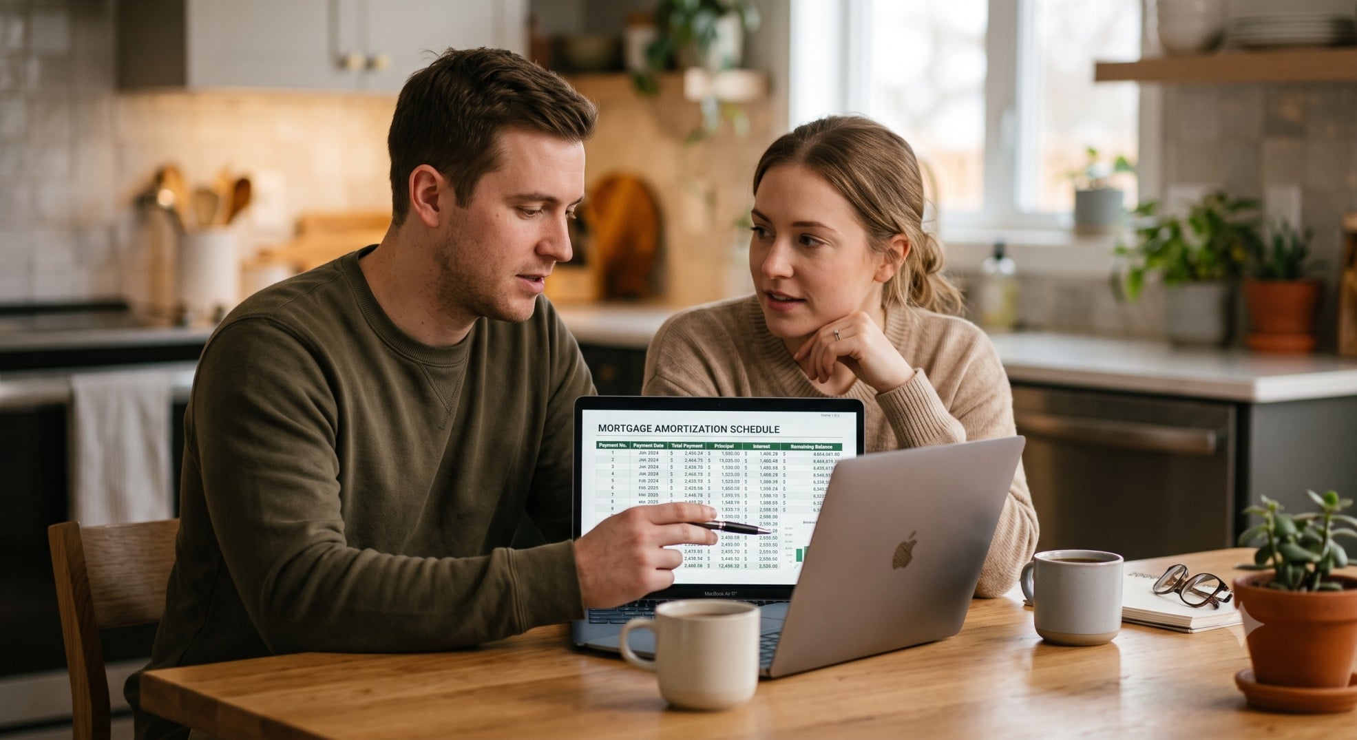 A couple calculating their tax break for buying a house at their kitchen table.