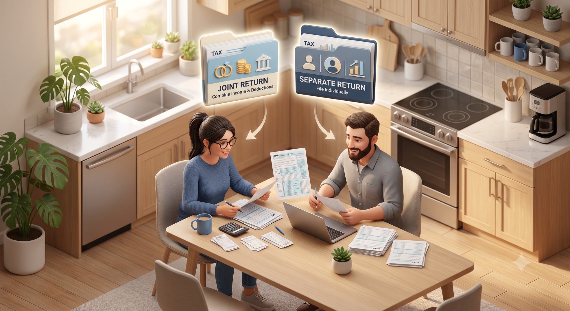 3D illustration of a couple calculating their dependent care FSA household limit.