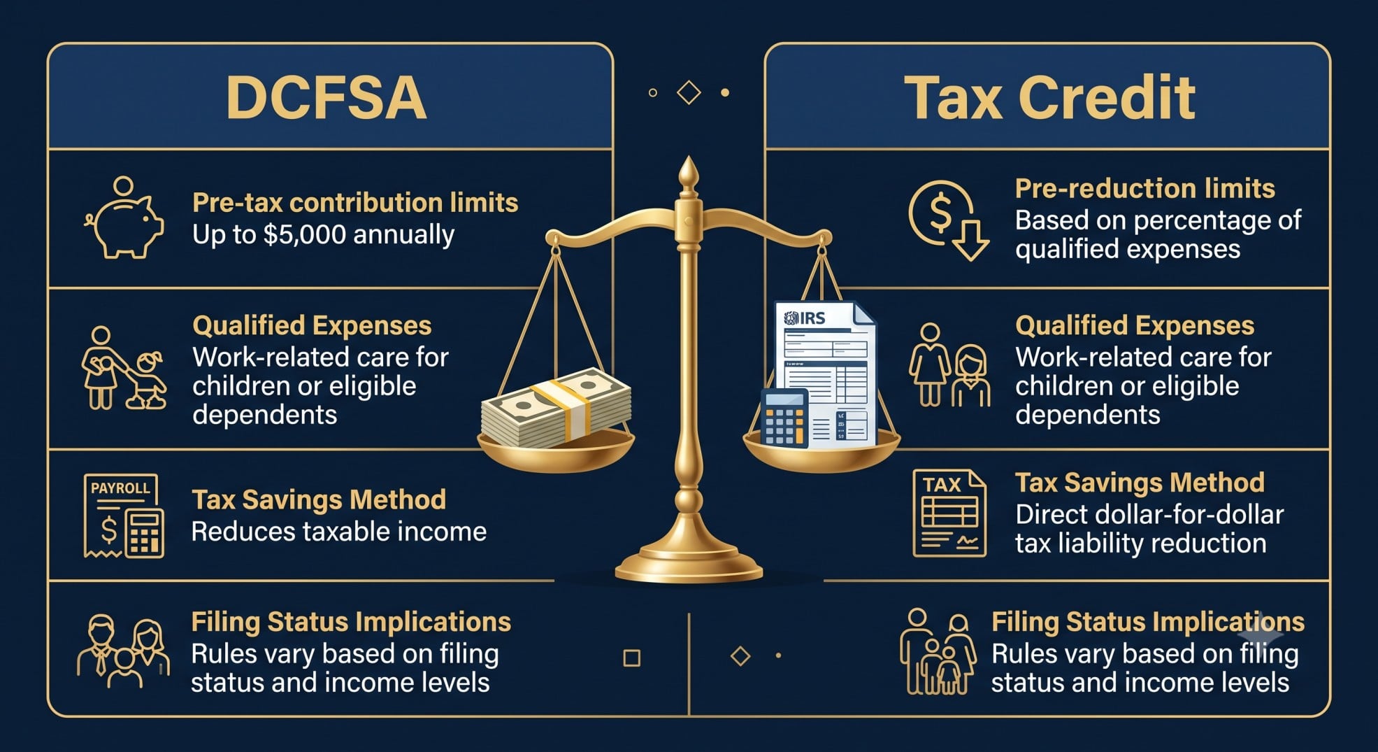 Comparison graphic weighing the dependent care FSA against the child care tax credit.