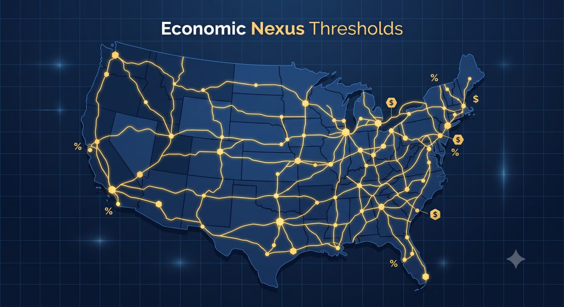 Conceptual map of the US showing e-commerce data lines representing economic nexus.