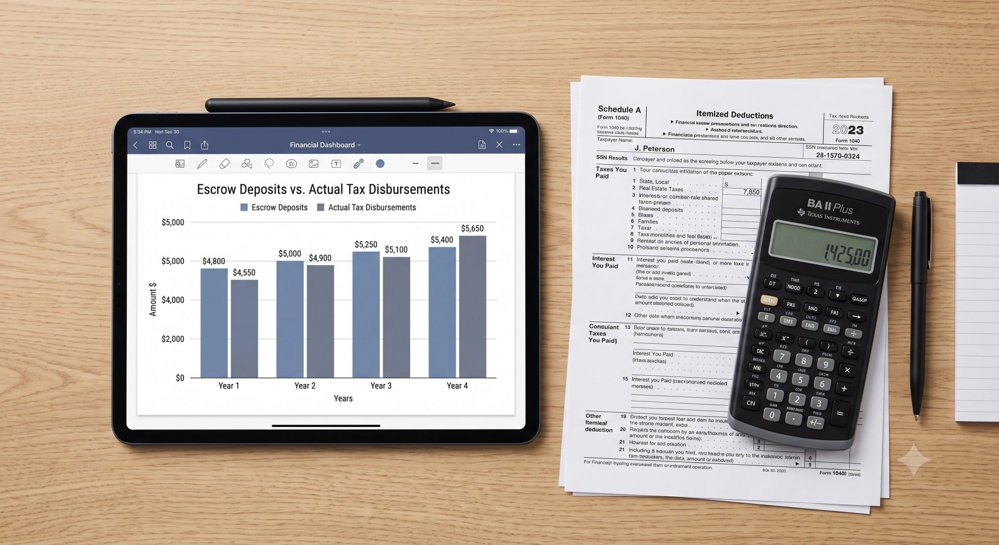 Organized desk with tax planning documents and a tablet showing escrow disbursements.